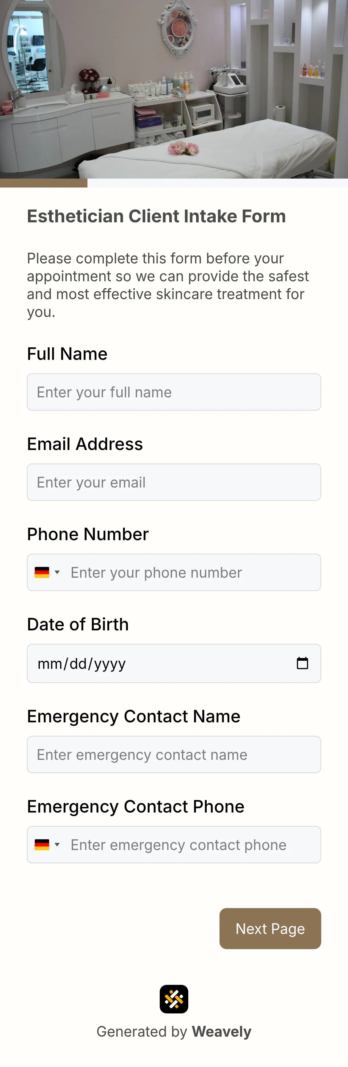 Esthetician intake form template