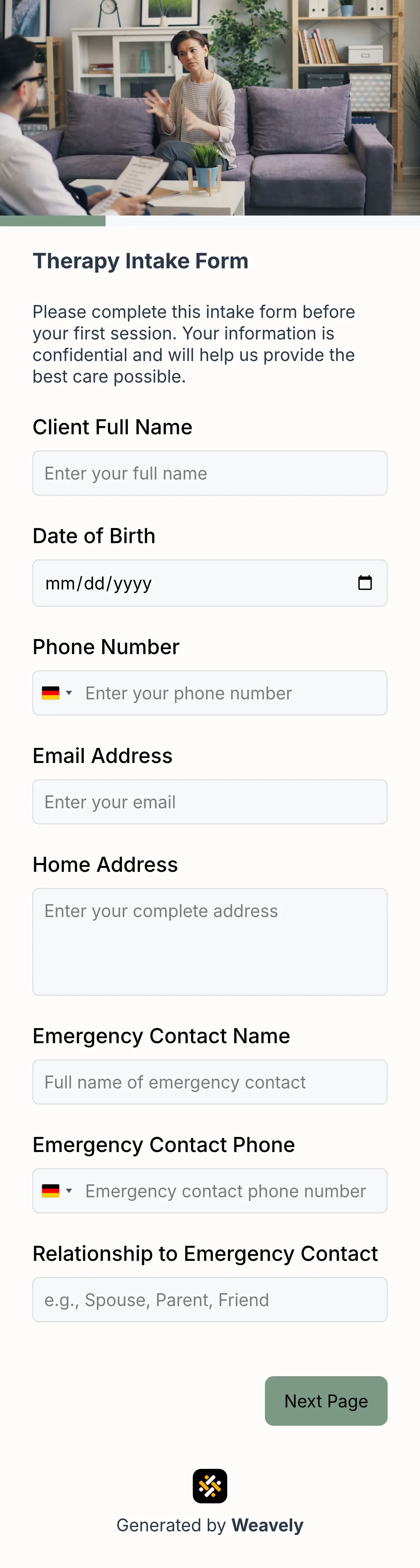 Counseling intake form template