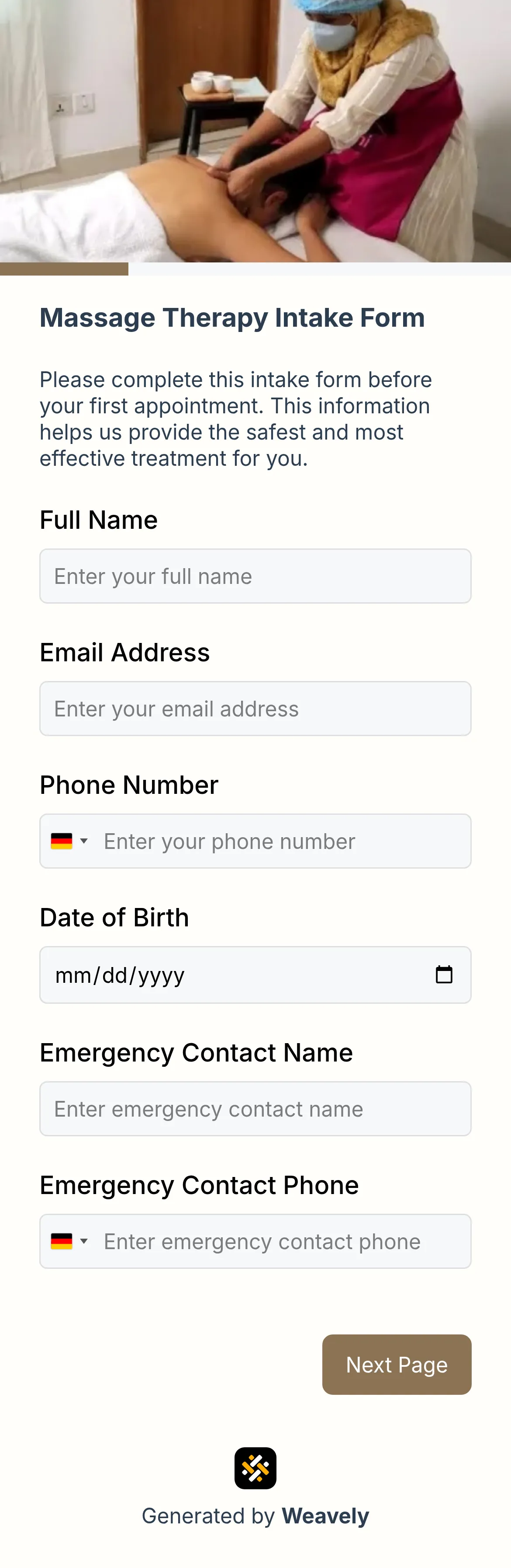 Massage intake form template