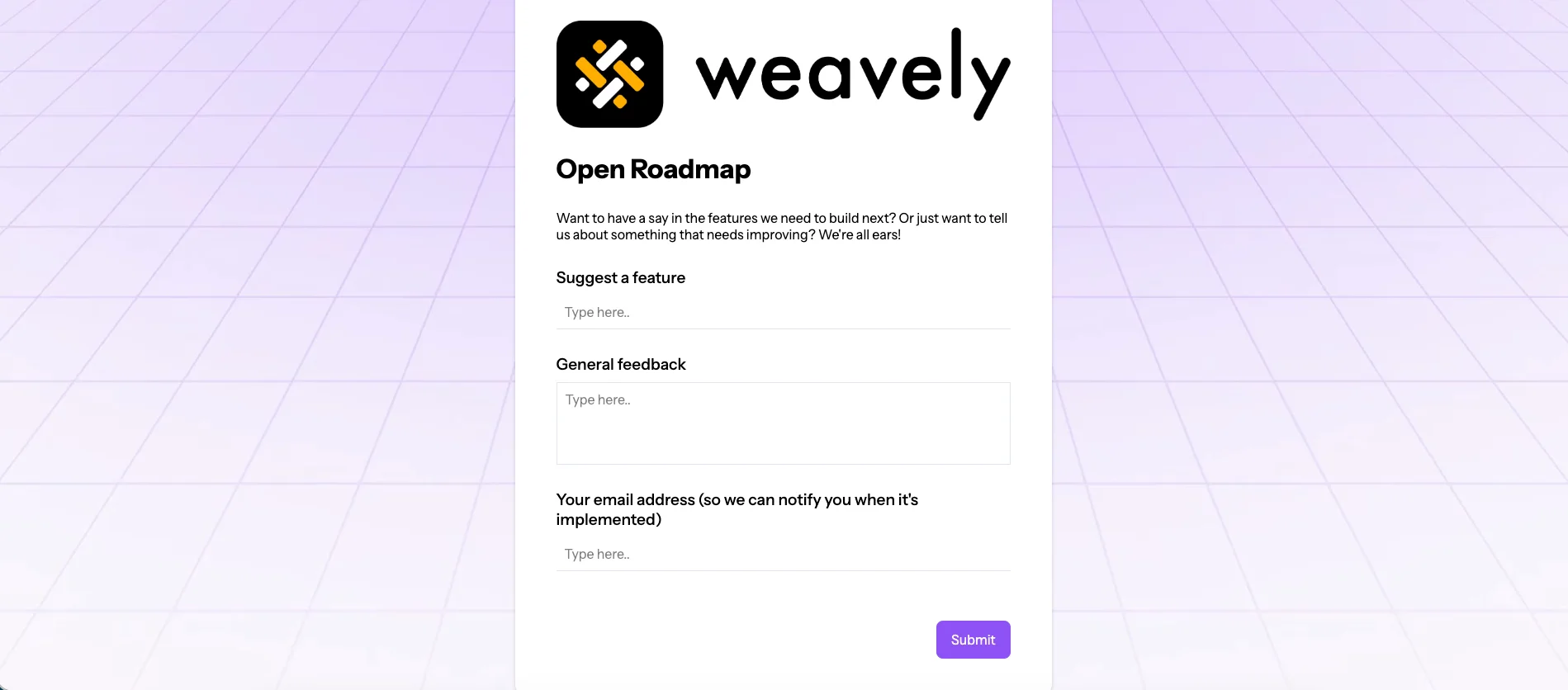 Screenshot of Weavely's product feedback form.