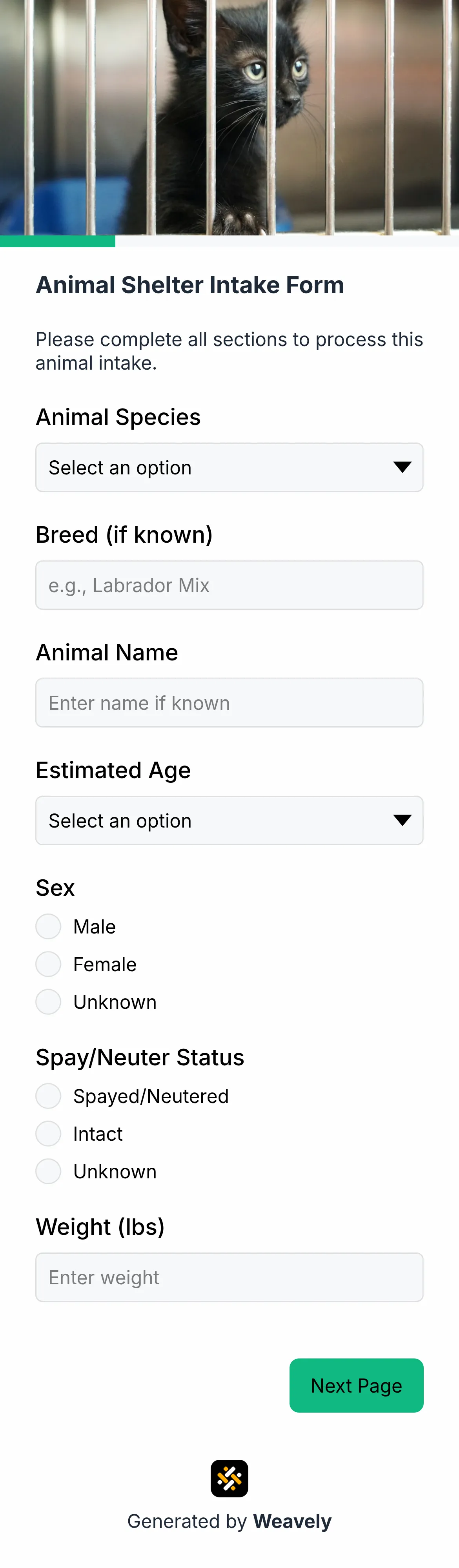 Animal shelter intake form template