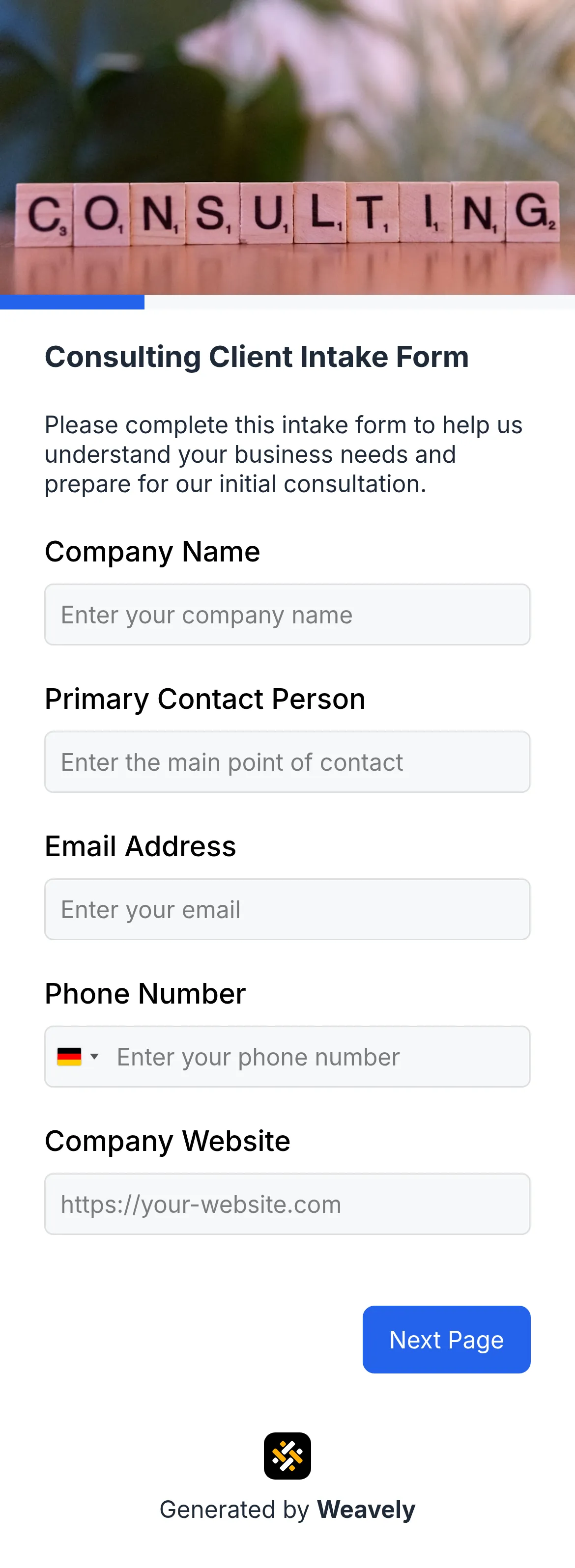 Consulting client intake form template