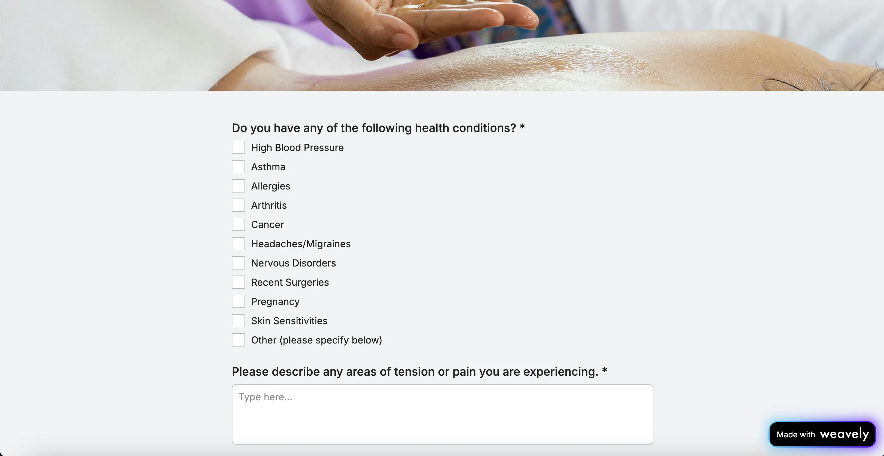 Massage intake form built with Weavely; client's medical history section