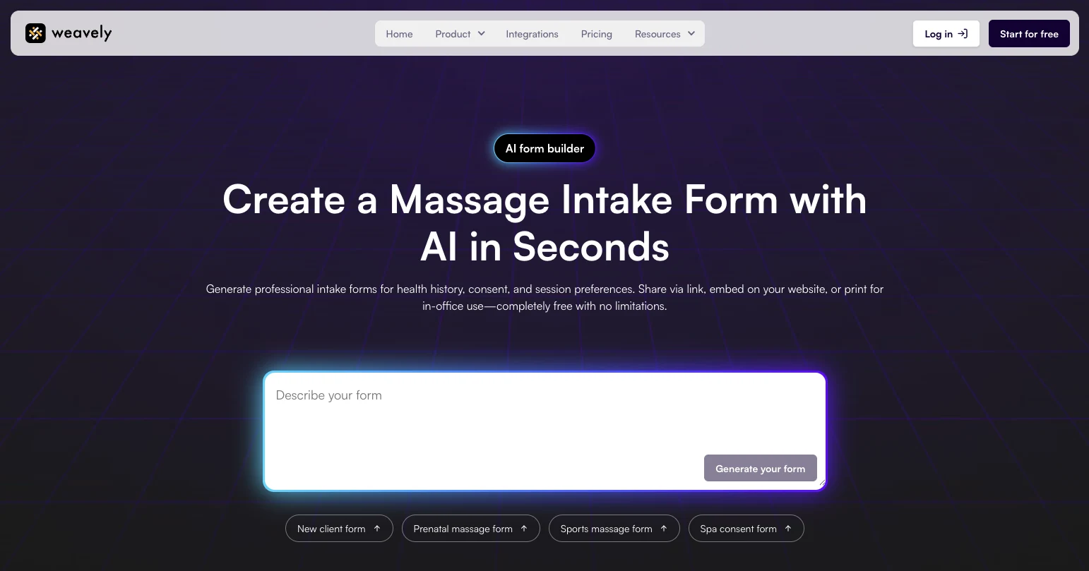 Weavely's AI massage intake form generator
