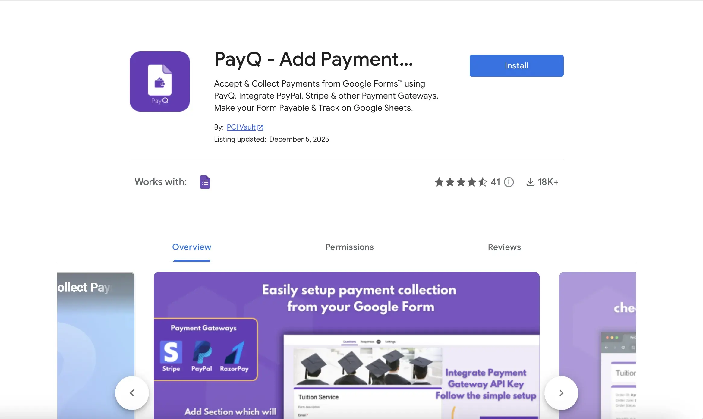 PayQ is a Google Workspace add on that lets you add a payment option to a Google Form
