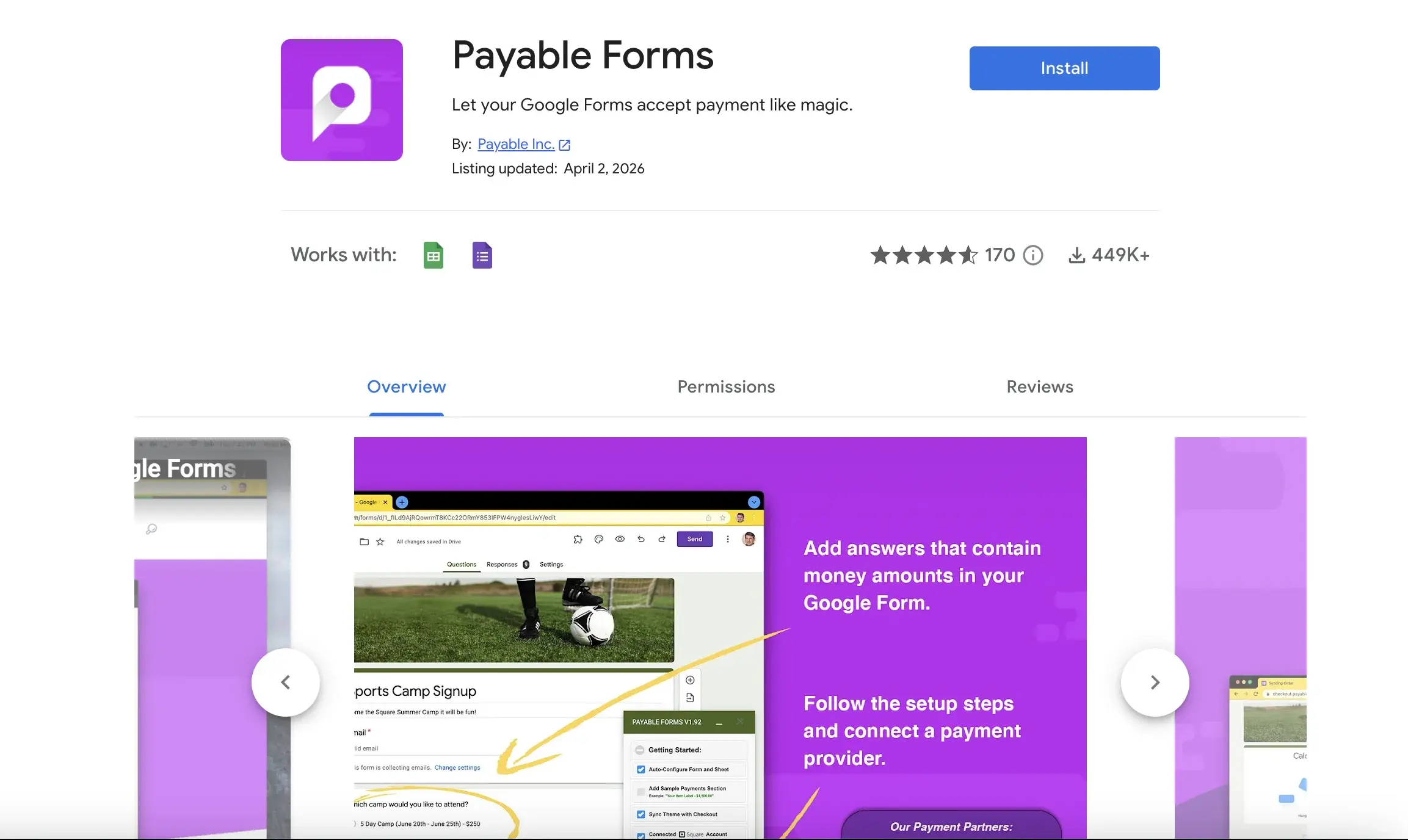 Payable is a Google Workspace add on that lets you add multiple payment methods to a Google Form