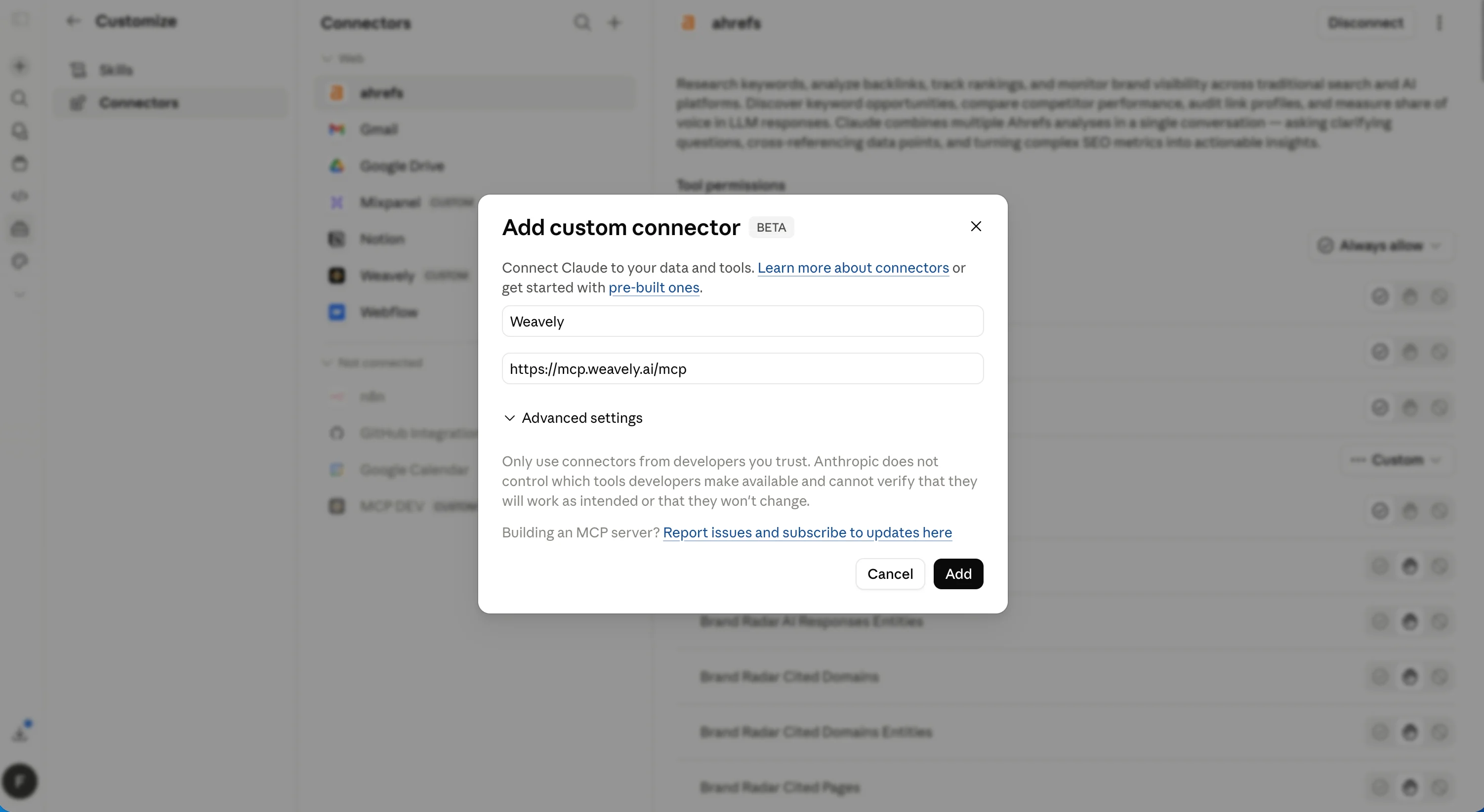 Screenshot showing to add the Weavely Forms and Surveys connector to Claude.