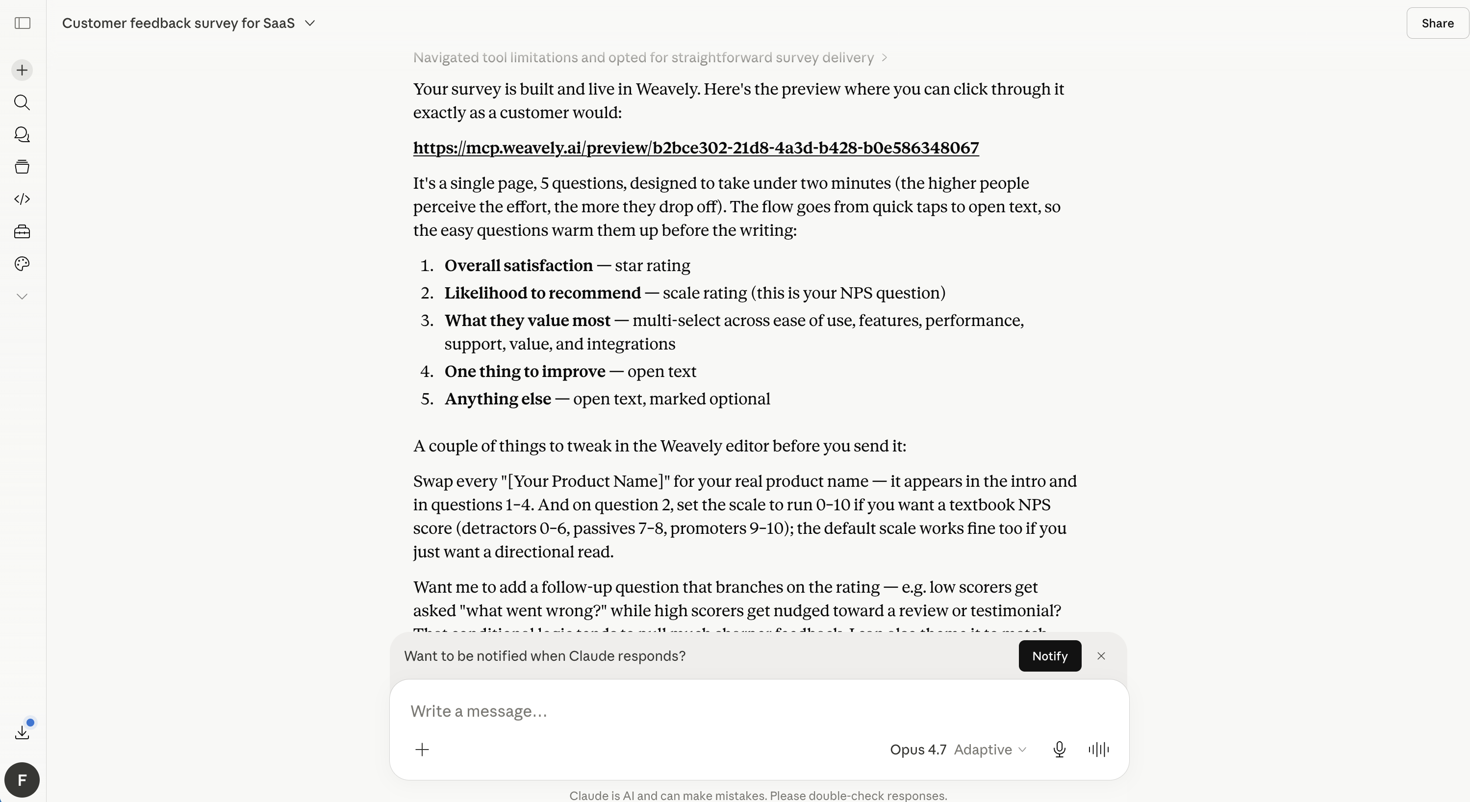 Screenshot showing Claude building a customer feedback survey using the Weavely AI connector.