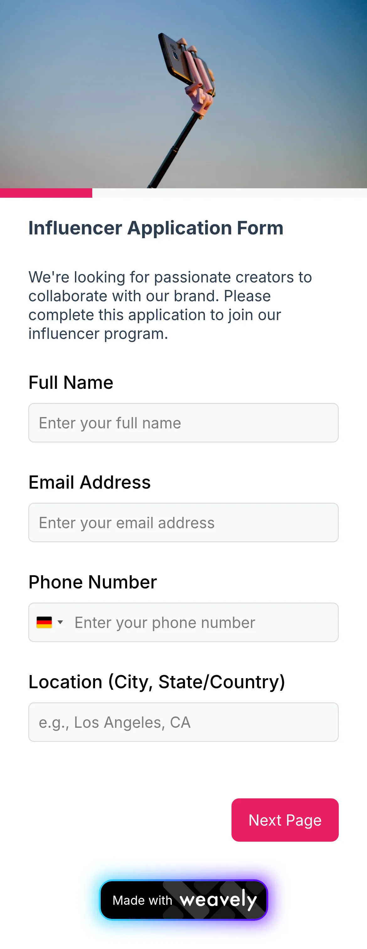 Influencer application form template
