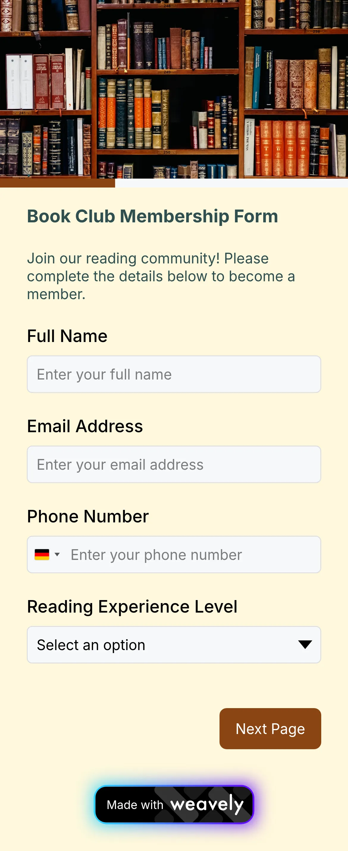 Book club membership form template