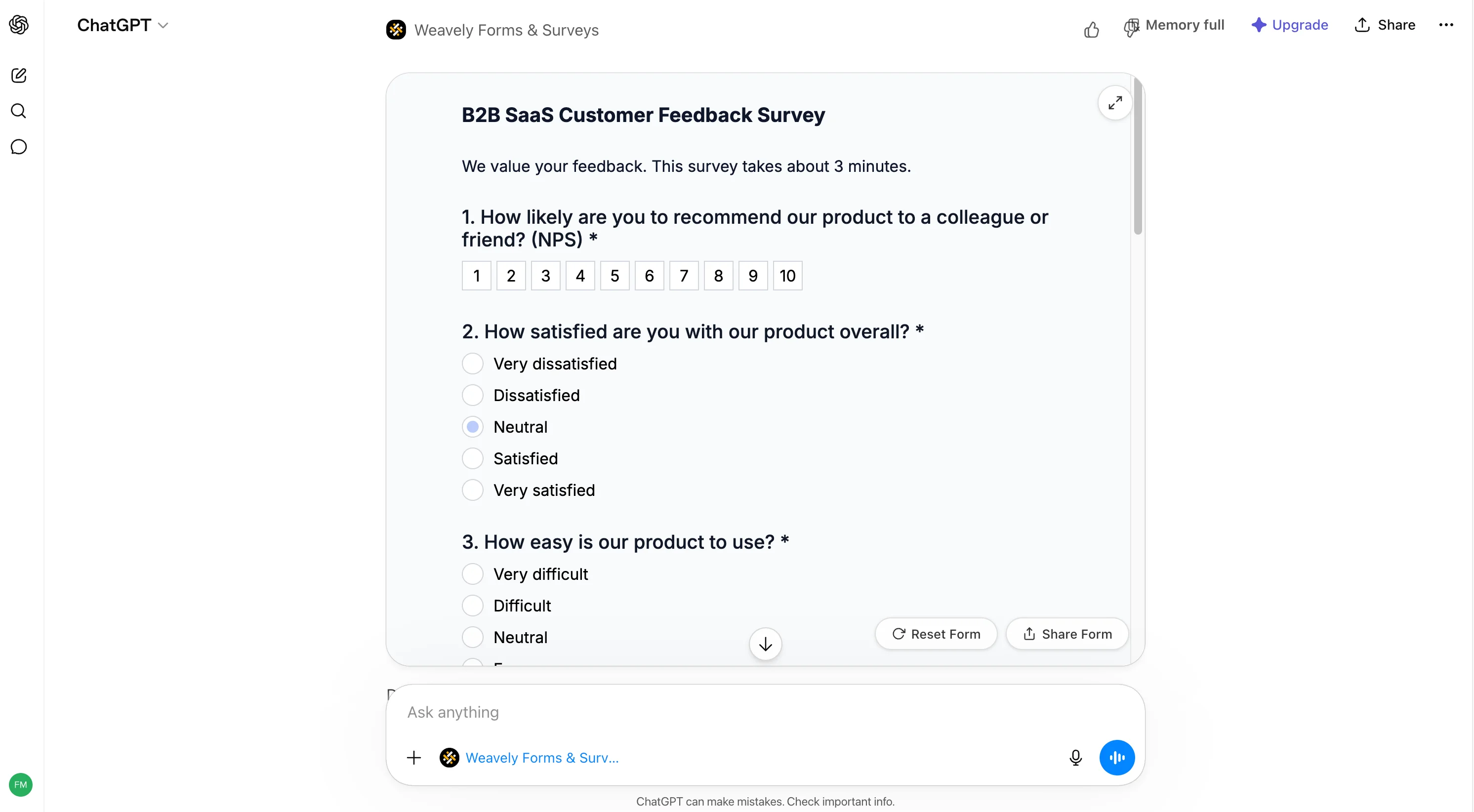 A form preview generated from a prompt inside ChatGPT.