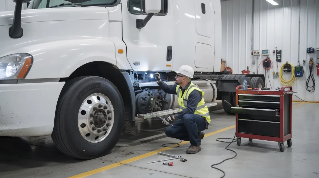 A commercial truck is parked in a maintenance bay while a qualified technician inspects the front wheel area, ensuring compliance with vehicle inspection criteria. The technician is checking components such as the brake system and parking brake system to identify any defective components for the driver vehicle inspection report.
