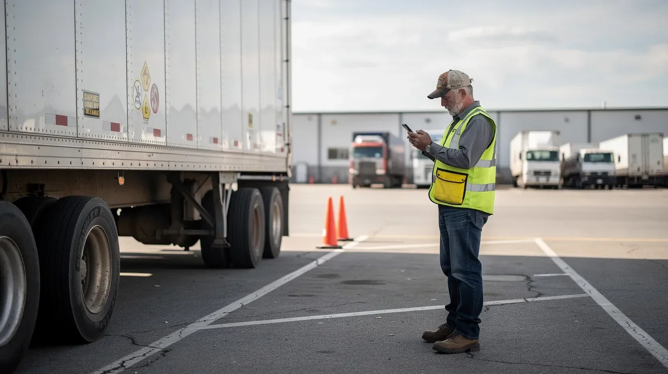 A truck driver is standing beside a trailer, using a mobile device to conduct a vehicle inspection. The scene emphasizes the importance of identifying defective components and ensuring the vehicle meets safety standards, as part of the driver vehicle inspection report process.