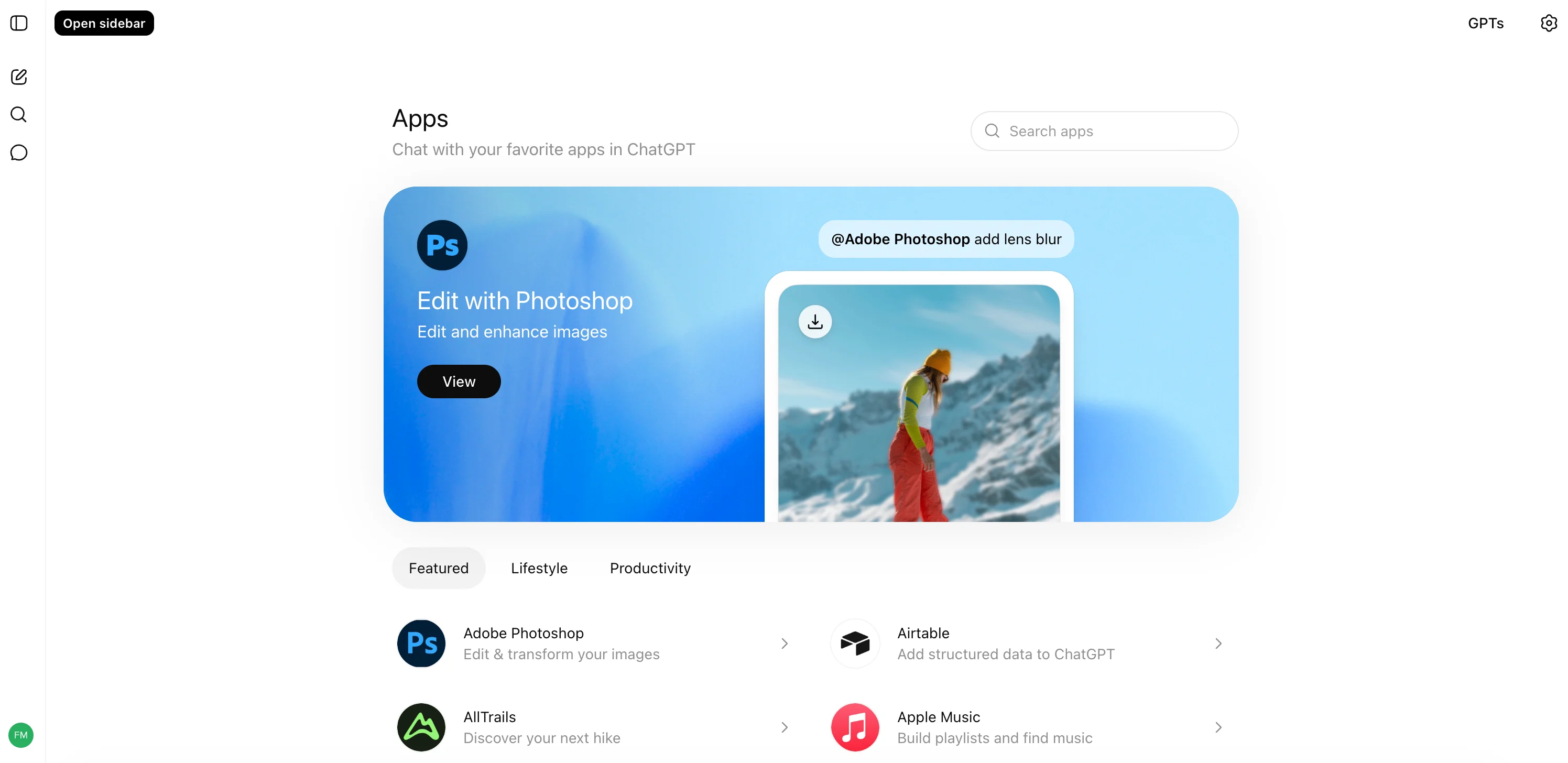 Screenshot showing the app marketplace inside ChatGPT.