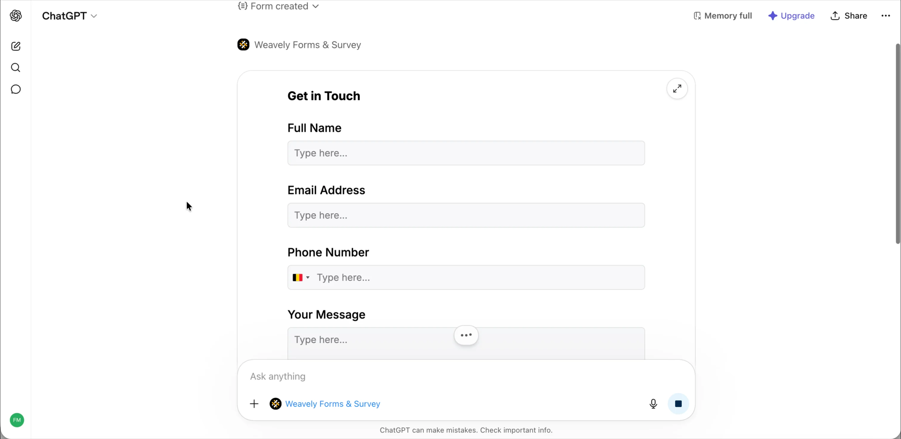 A Weavely contact form rendered as a live, fillable preview inside the ChatGPT app.