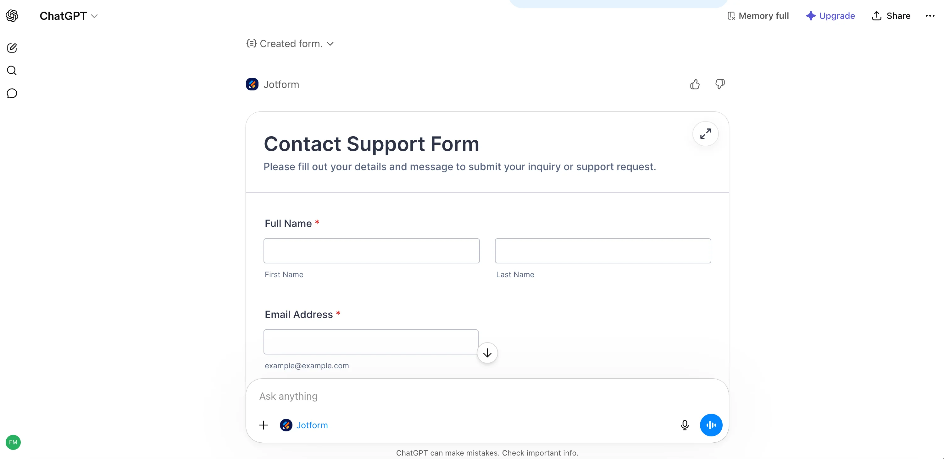 A Jotform contact form with a two-column layout rendered inside the ChatGPT app.