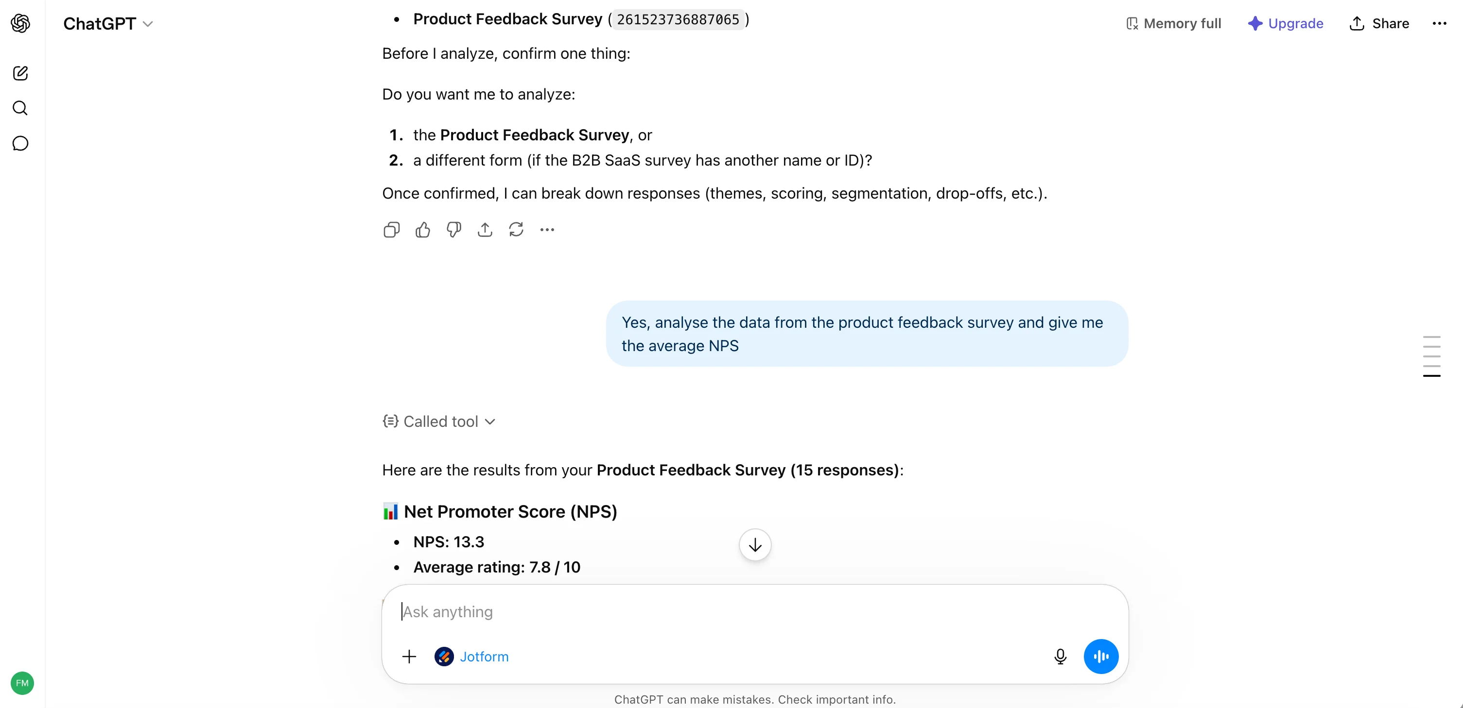 The Jotform ChatGPT app pulling form submissions and generating an analysis with charts directly inside the chat.