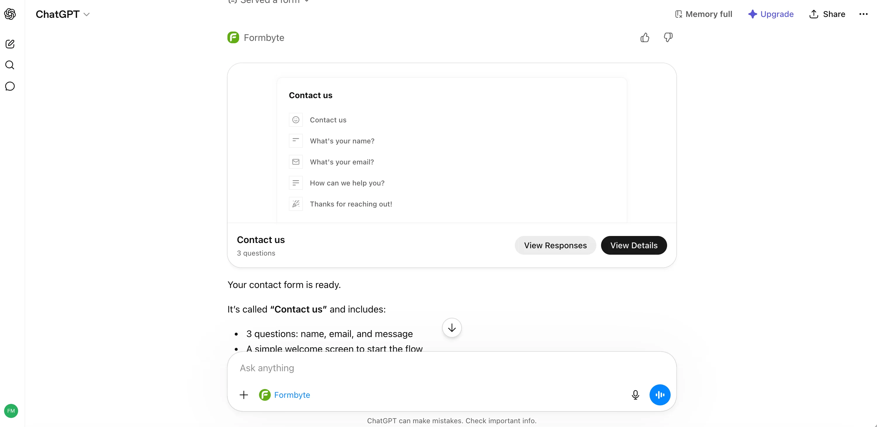 Formbyte showing a non-interactive field list as the form preview inside the ChatGPT app, rather than a live, fillable form.