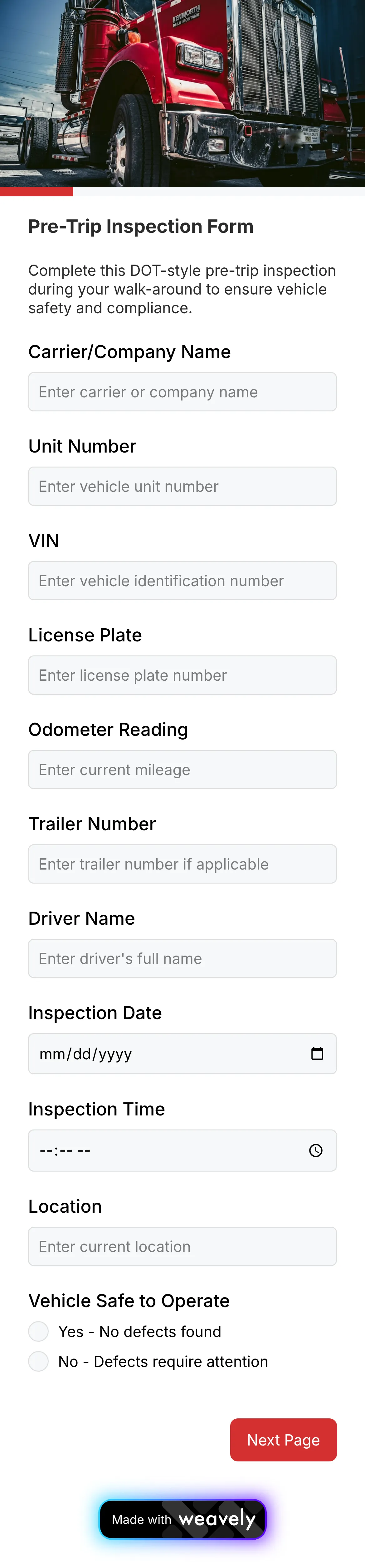 CMV Pre-trip Inspection Form template