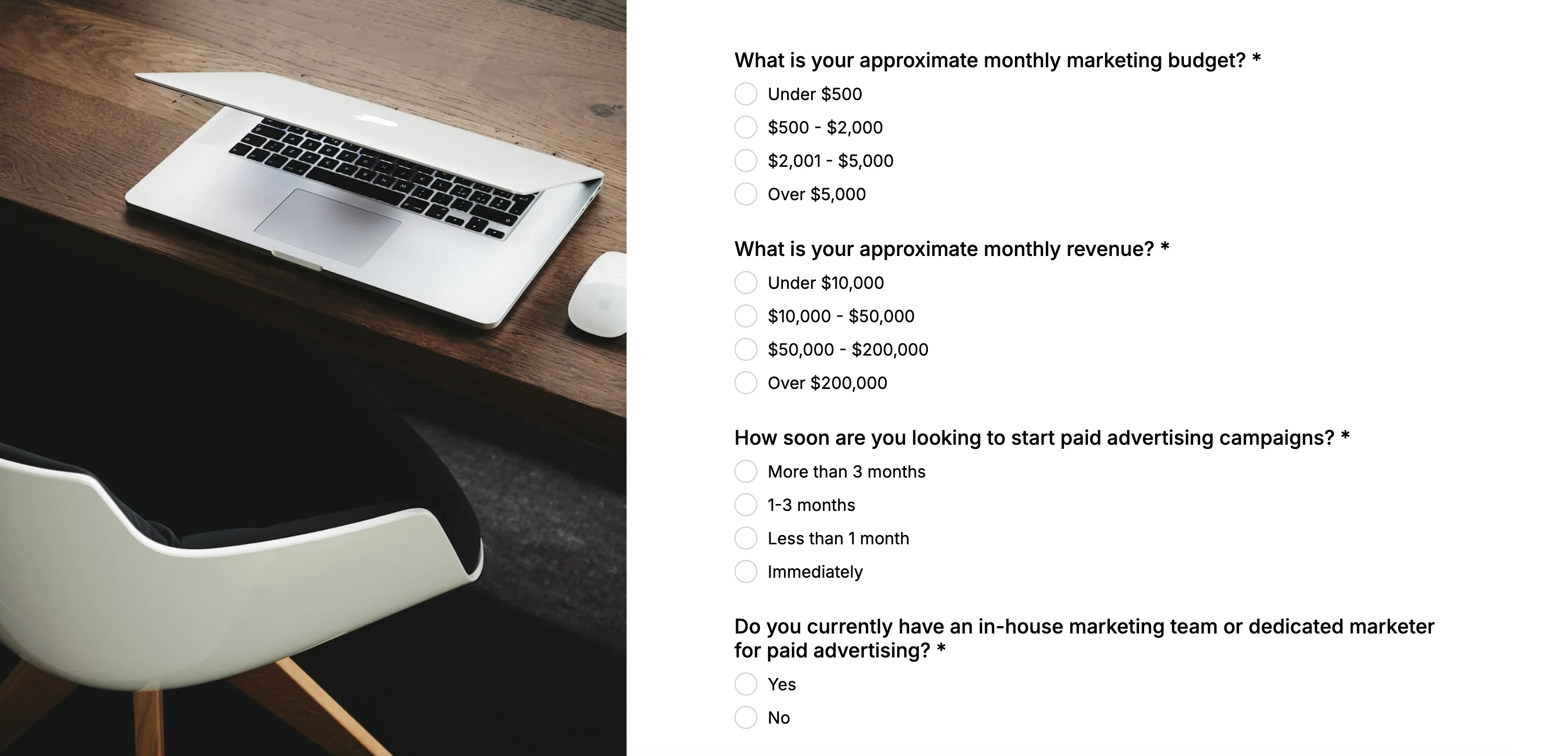 Screenshot of a lead generation quiz for paid-ads readiness.
