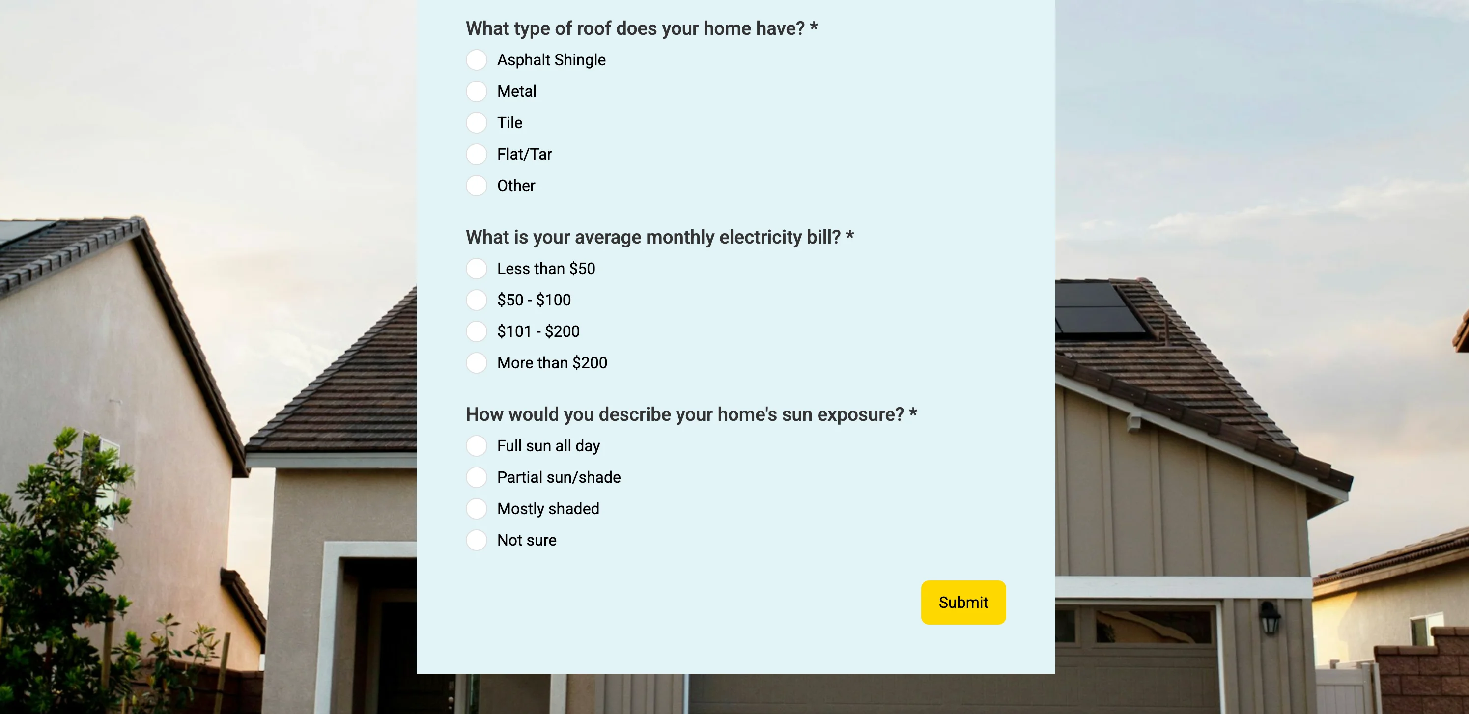 Screenshot showing a solar qualification quiz built using Weavely AI.