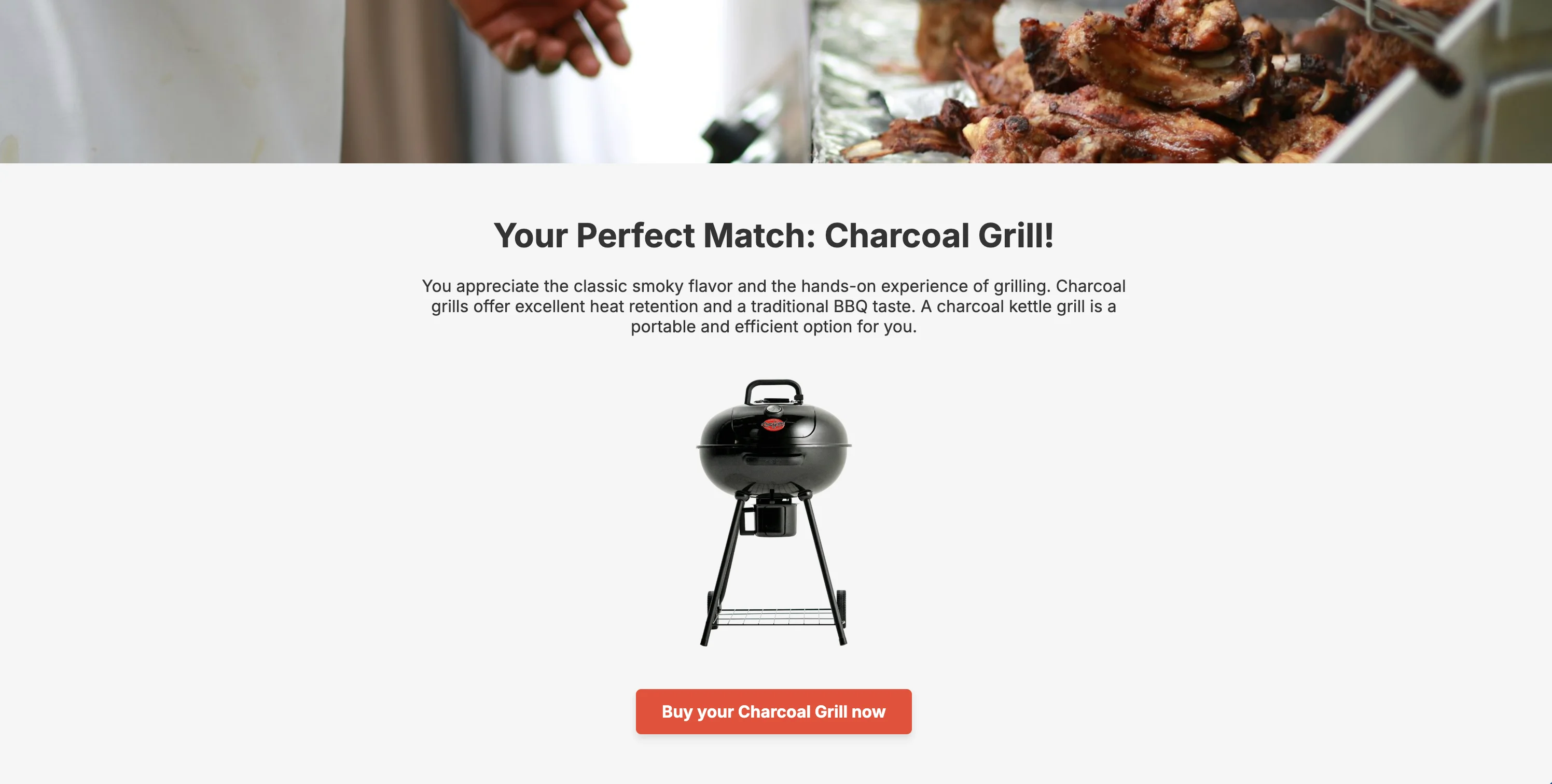 Quiz result page showing a recommended product image and a Shop now button linking to the product.