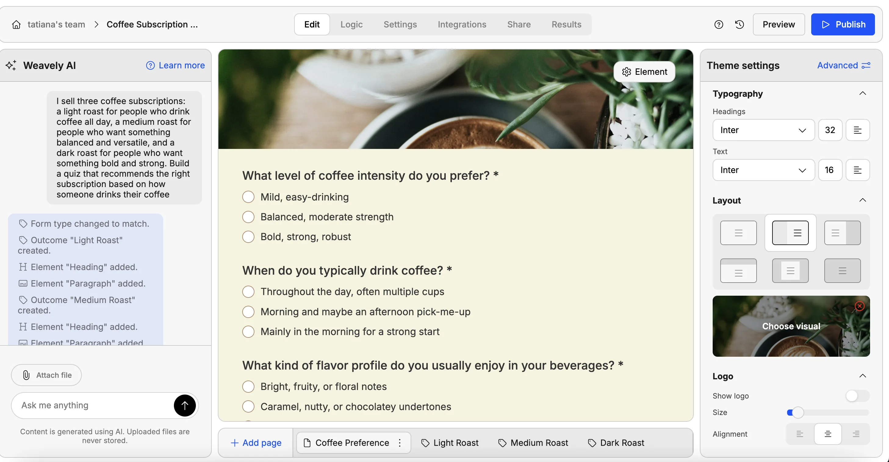 Creating a product recommendation quiz with AI in Weavely