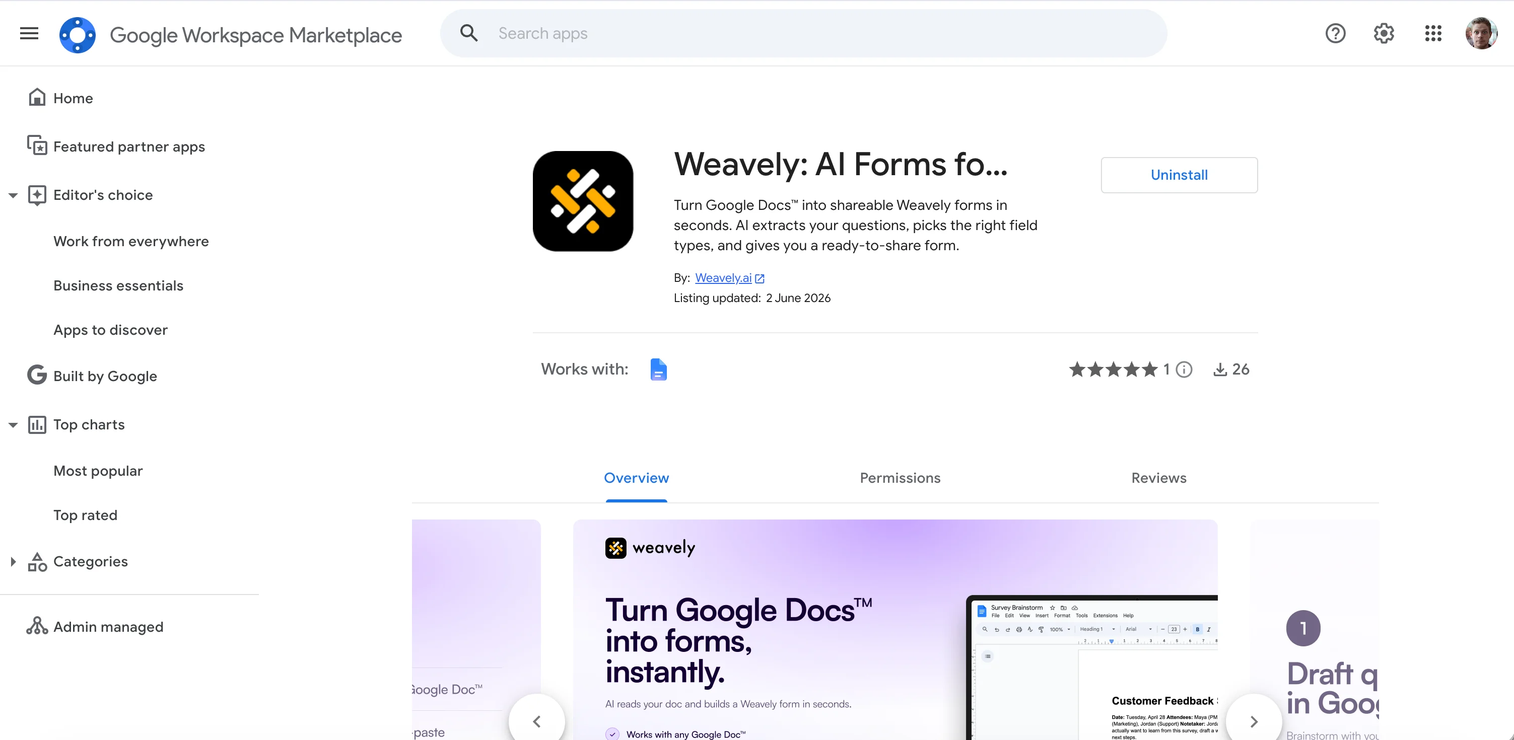 Screenshot of the Weavely: AI forms for google Docs Google Workspace Marketplace add-on.