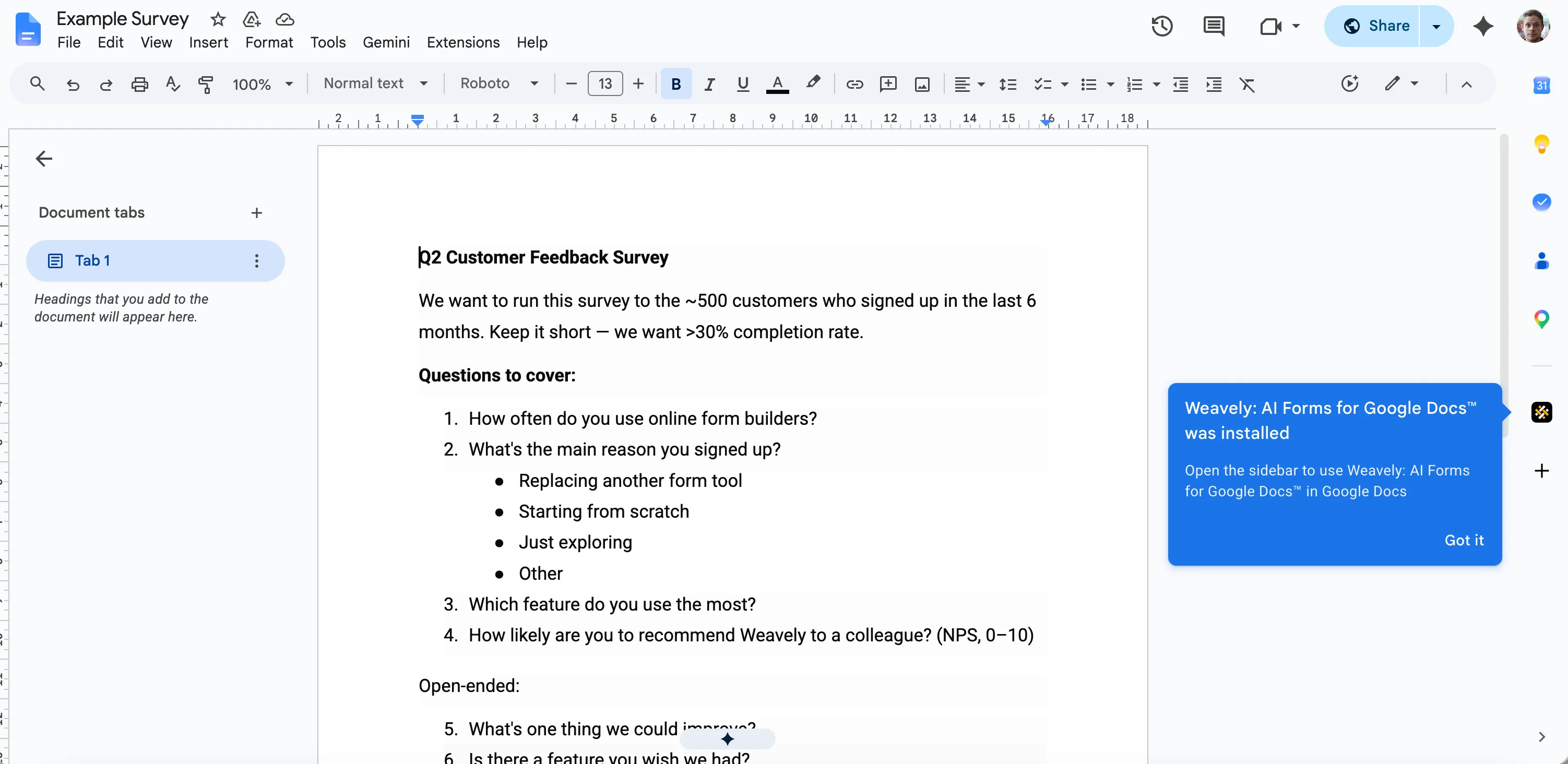 Screenshot showing a Google Doc with the Weavely add-on in the sidebar.