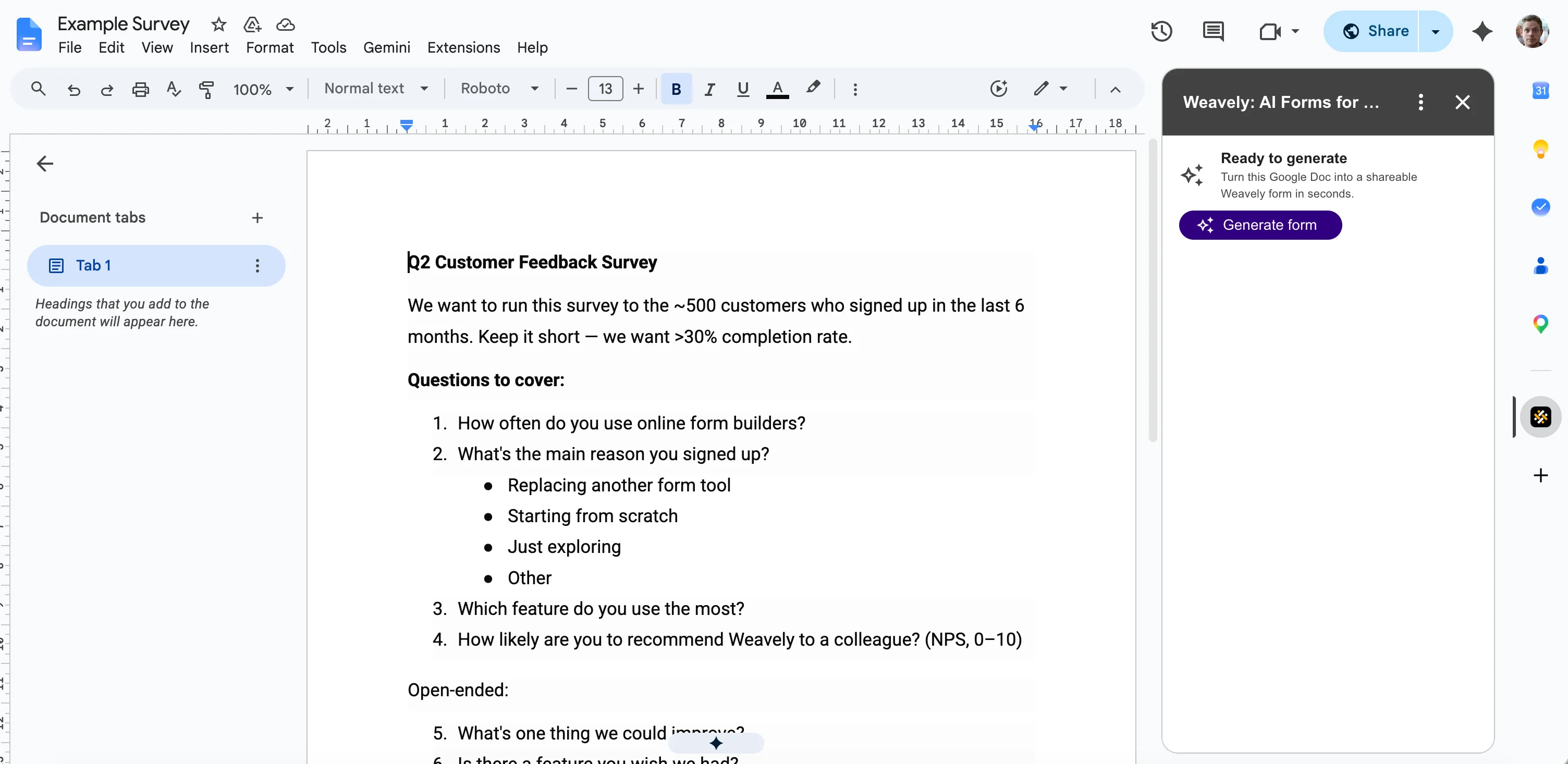 Screenshot showing how to generate a form from a Google Doc using the Weavely add-on.