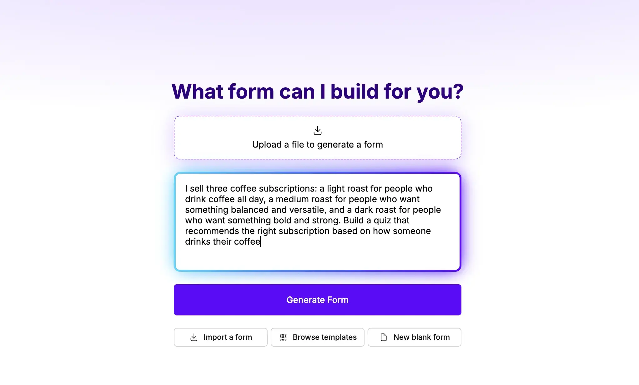 Weavely AI form builder prompt window: building a product recommendation quiz for free