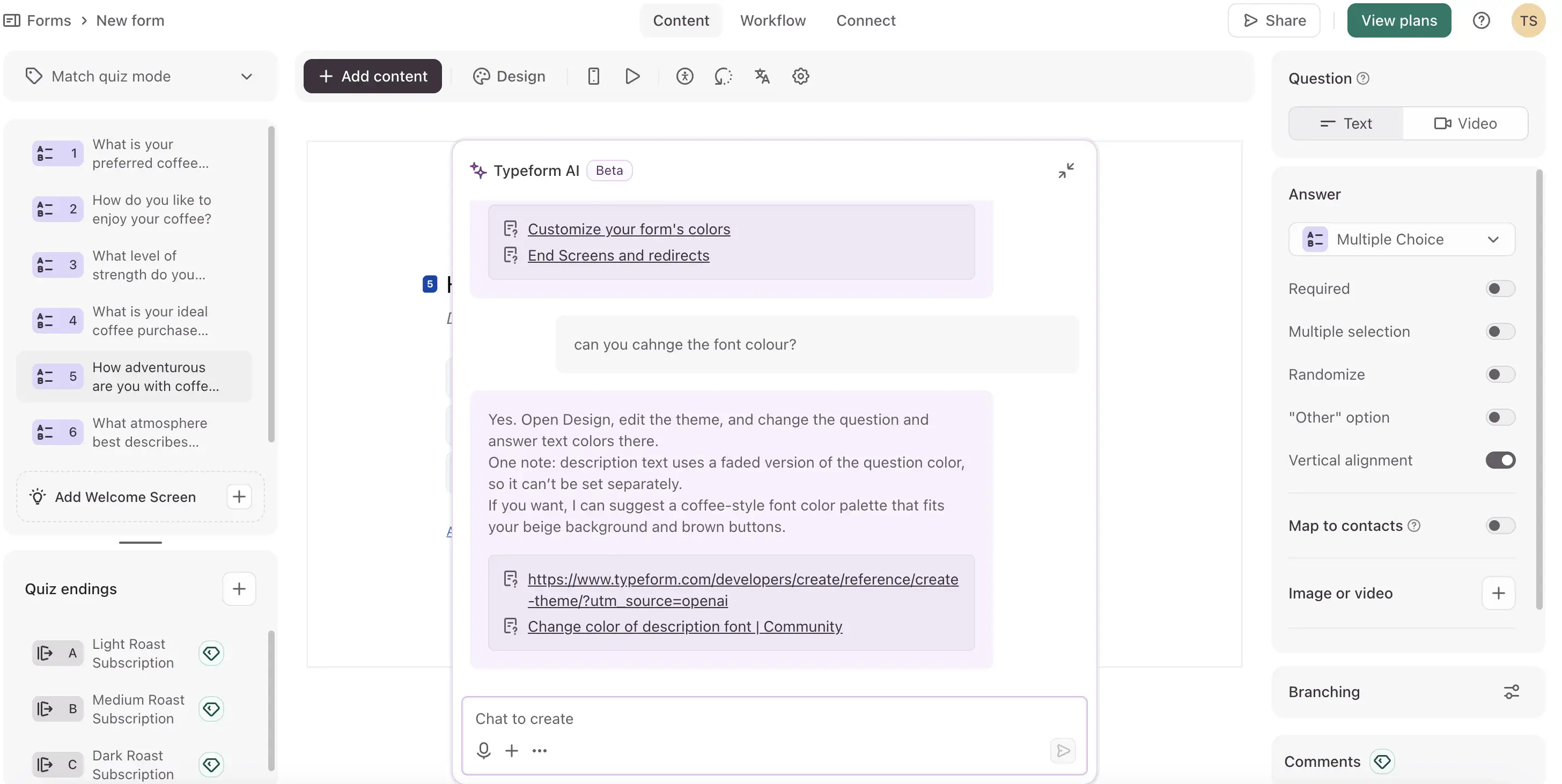 Typeform quiz editor. Customizing a product recommendation quiz