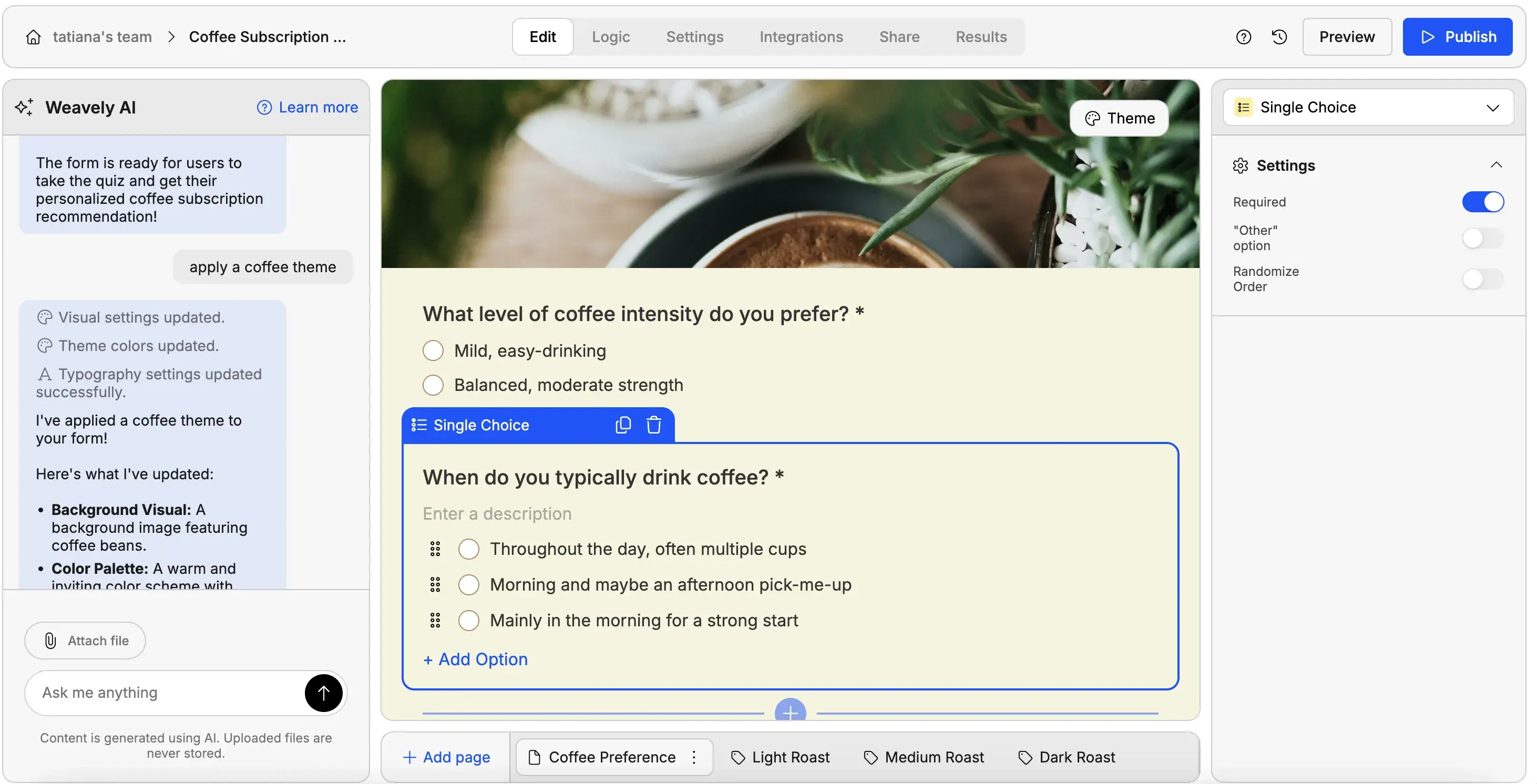 Weavely quiz editor. Customizing a product recommendation quiz with AI
