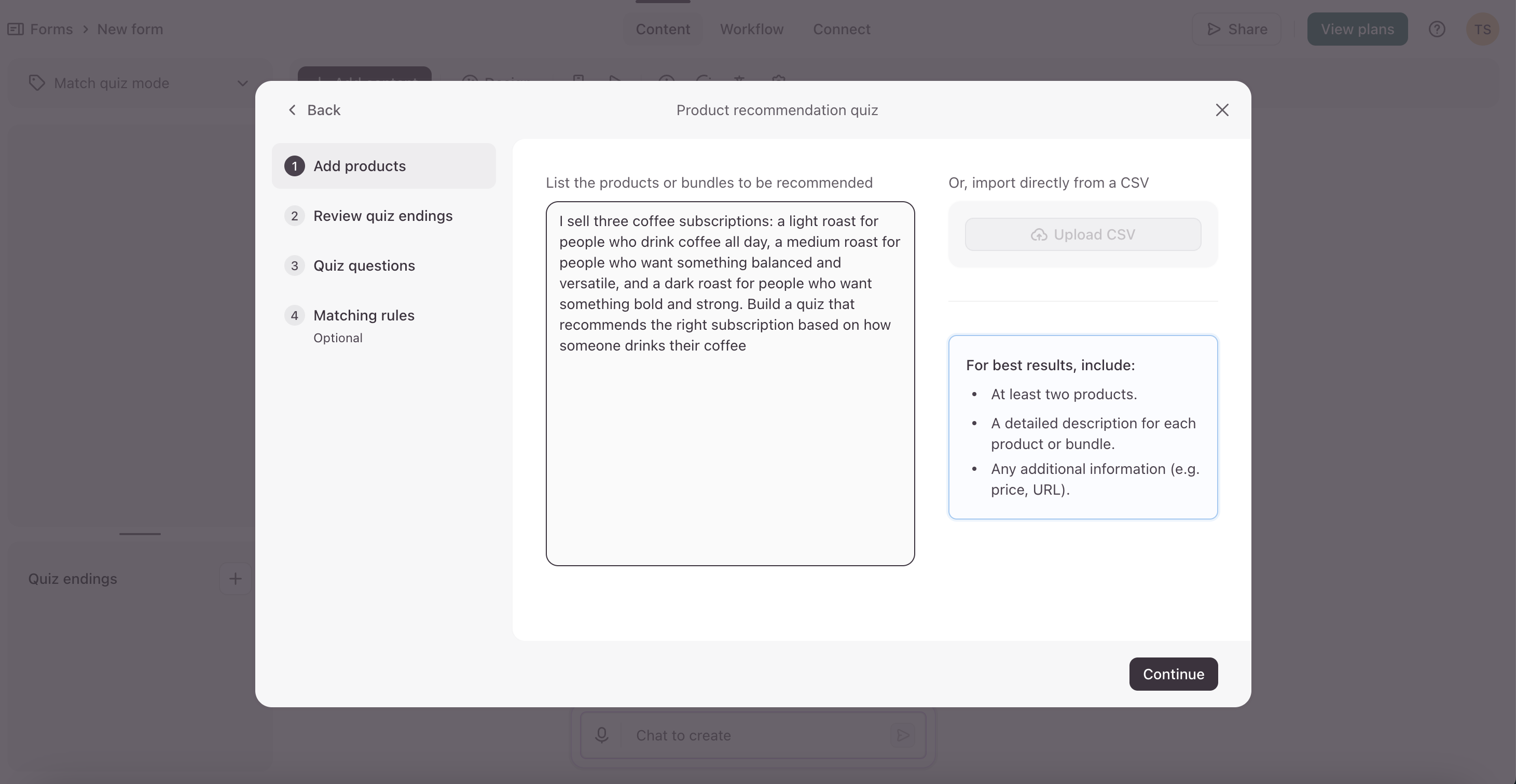 a screenshot of typeform's product recommendation quiz