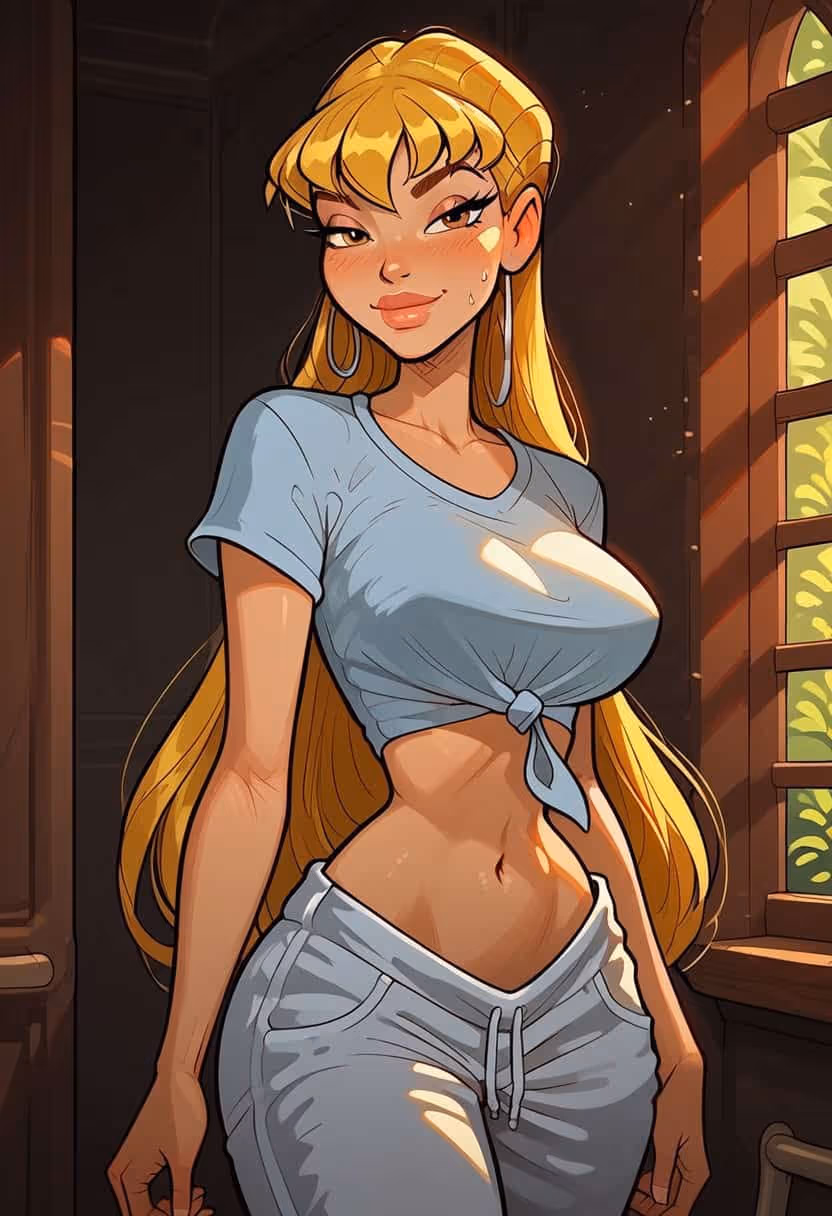 Illustration of a confident young woman with long blonde hair wearing a tied light blue crop top and white pants standing near a window with sunlight.