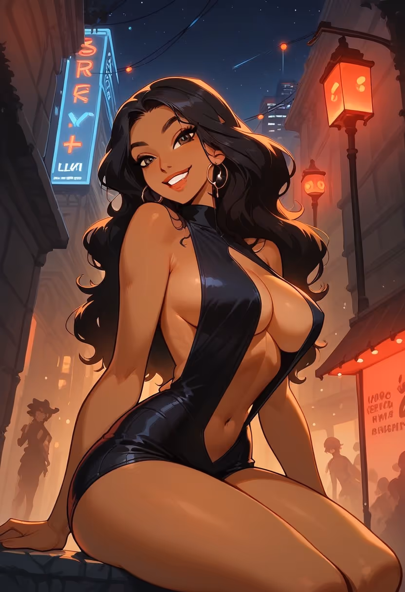 Illustration of a smiling woman with long dark hair wearing a revealing black outfit sitting on a ledge in a neon-lit city street at night.