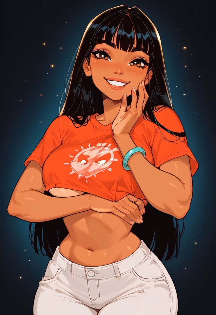 Smiling animated woman with long black hair wearing an orange crop top with a white logo and white pants, posing with one hand on her cheek and the other on her waist.