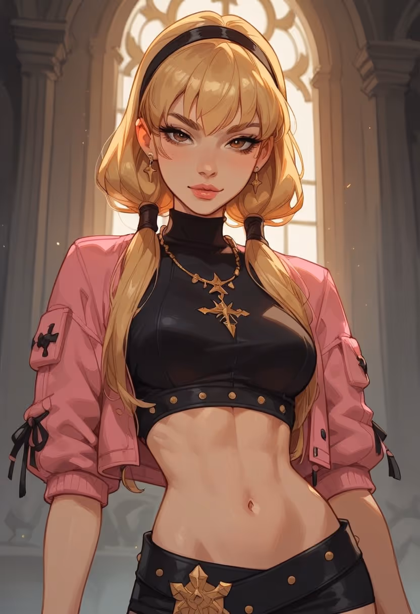 Blonde woman with long hair in pigtails wearing a black crop top, pink jacket, and gold cross jewelry, standing indoors with arched window background.