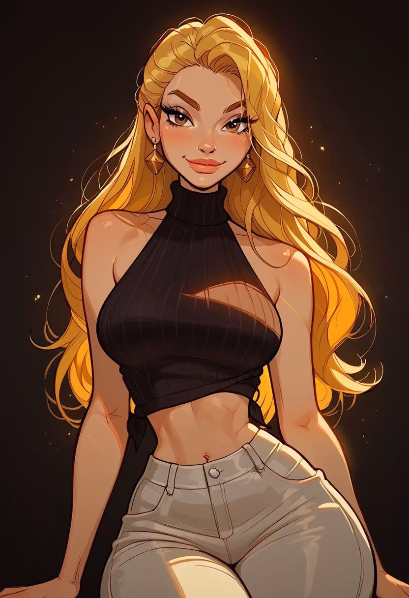 Stylized illustration of a confident young woman with long blonde hair wearing a black sleeveless crop top and beige pants against a dark background.