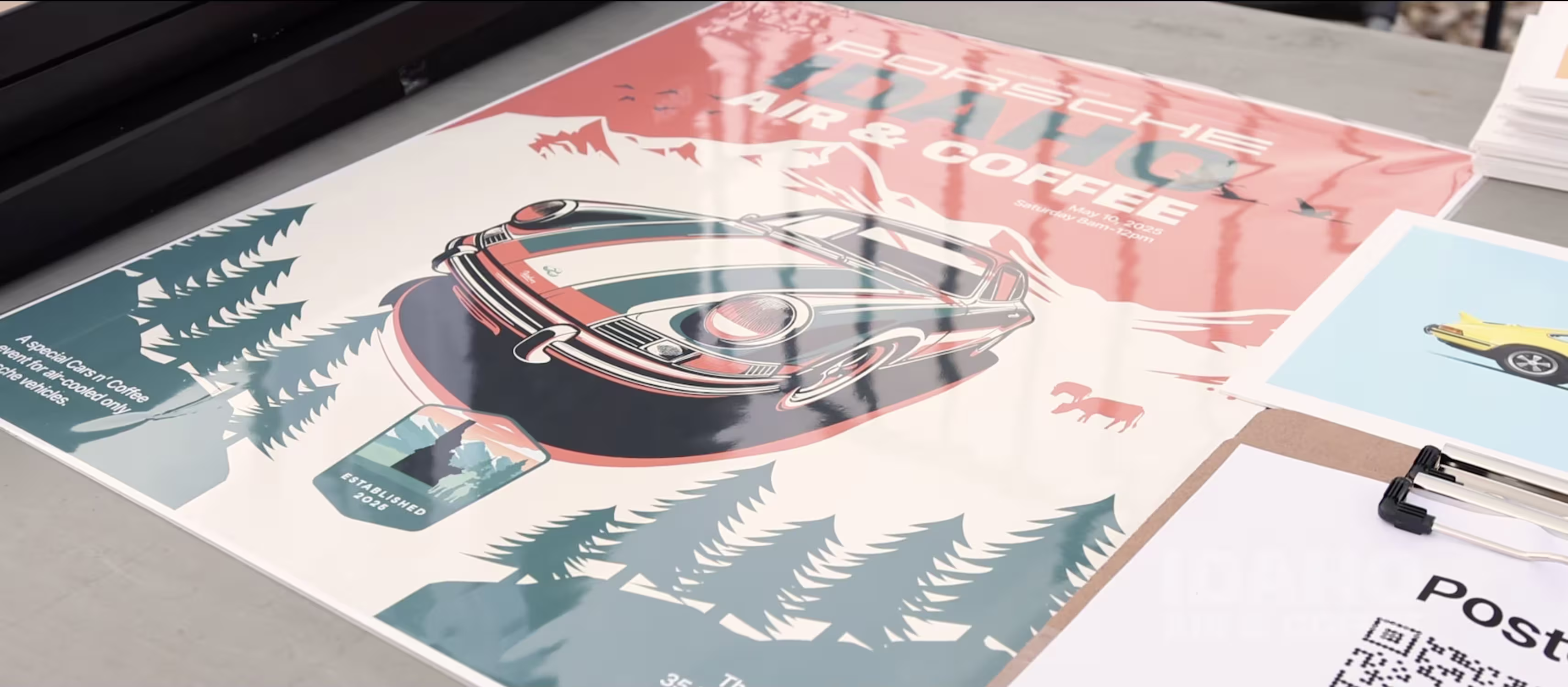 Poster for Porsche Idaho Air & Coffee event with illustrated classic Porsche and mountain background.