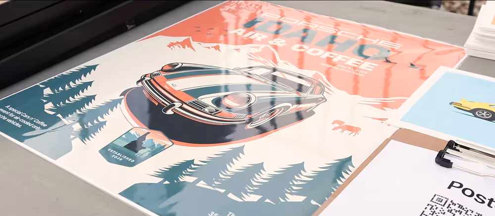 Poster for Porsche Idaho Air & Coffee event with illustrated classic Porsche and mountain background.