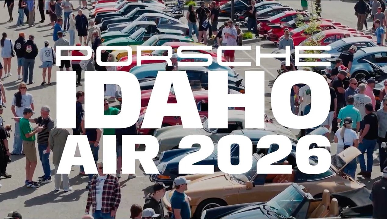 Poster for Porsche Idaho Air & Coffee event with illustrated classic Porsche and mountain background.