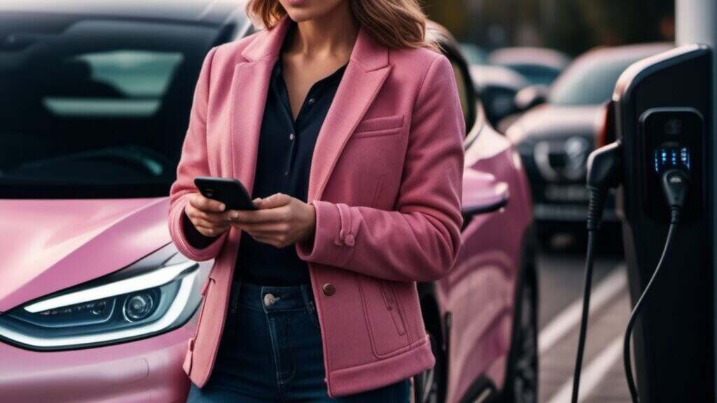 A woman in a pink jacket is standing by a pink car. She is holding a phone. On the right is an electric car charger.