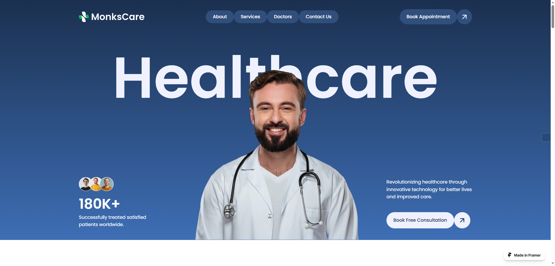 MonksCare — Doktor Web Sitesi Tasarım Örnekleri Framer örneği