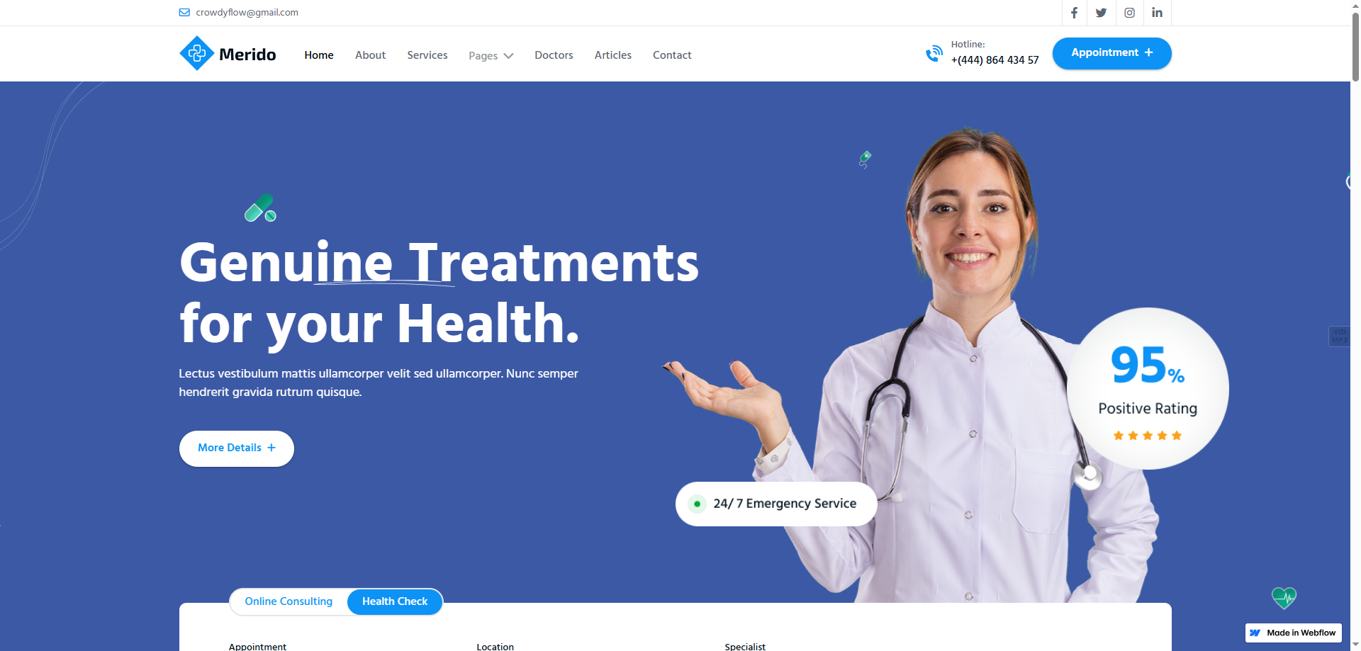 Merido — Doktor Web Sitesi Tasarım Örnekleri Webflow örneği