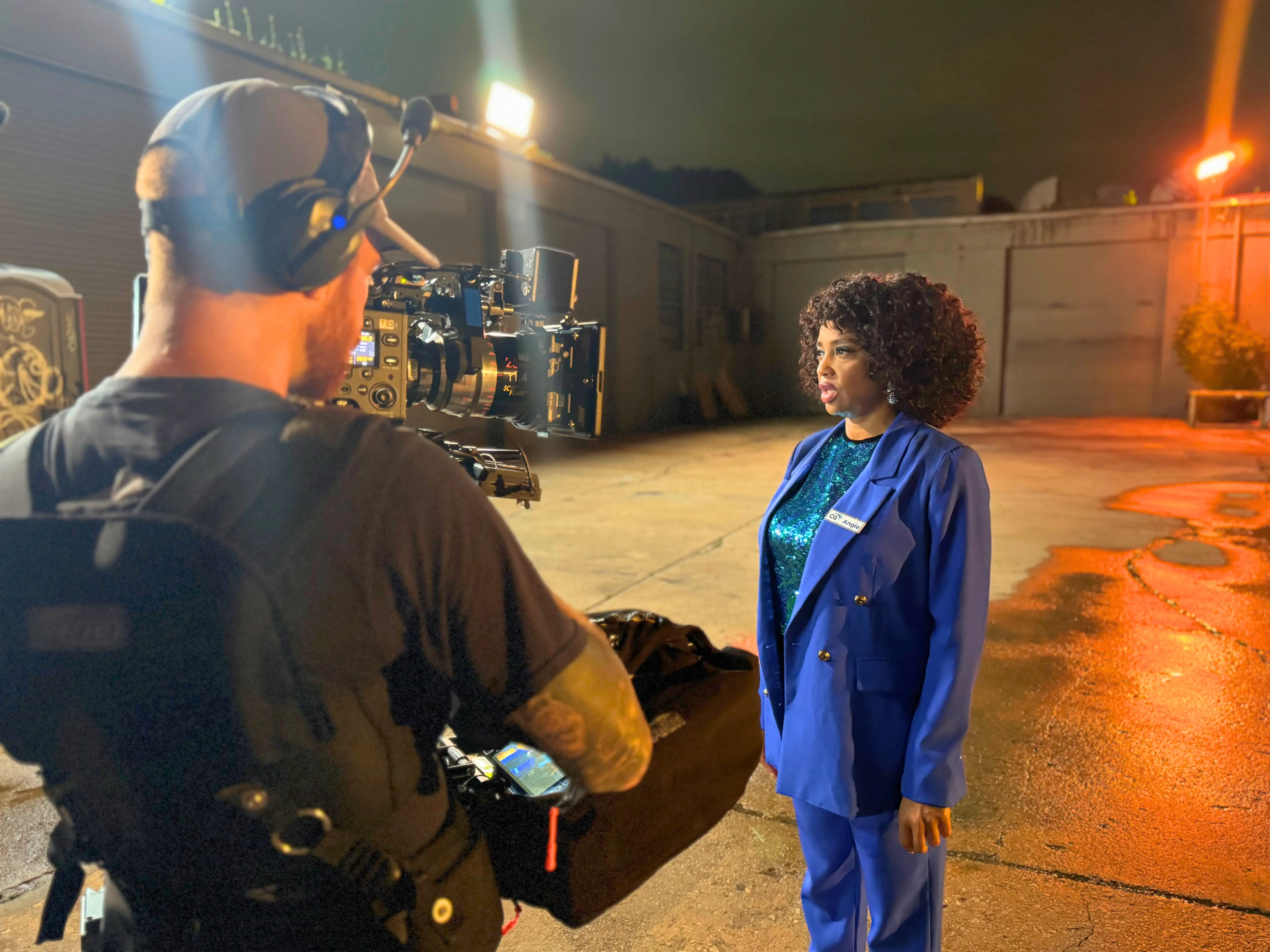 Aunt Angie on set for CG Insurance commercial.