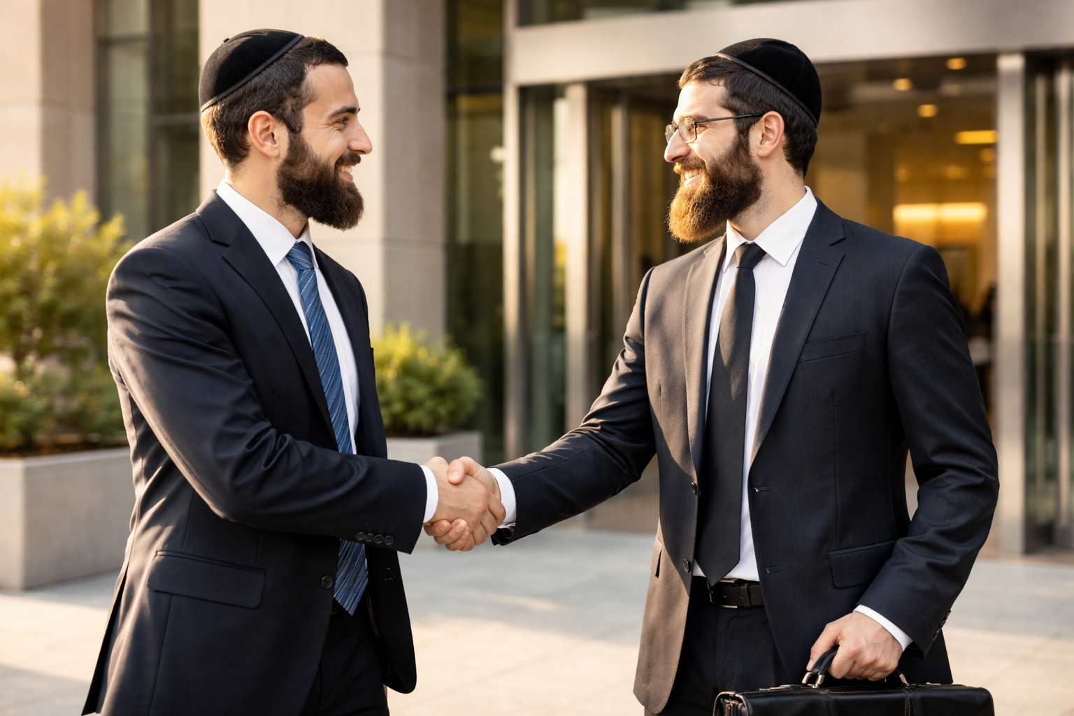 Orthodox Jewish men reviewing job opportunities in a professional setting