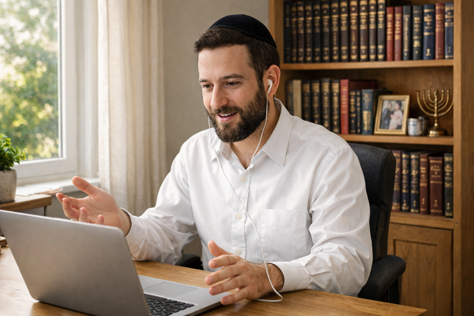 Orthodox Jewish man working remotely from a home office on a laptop