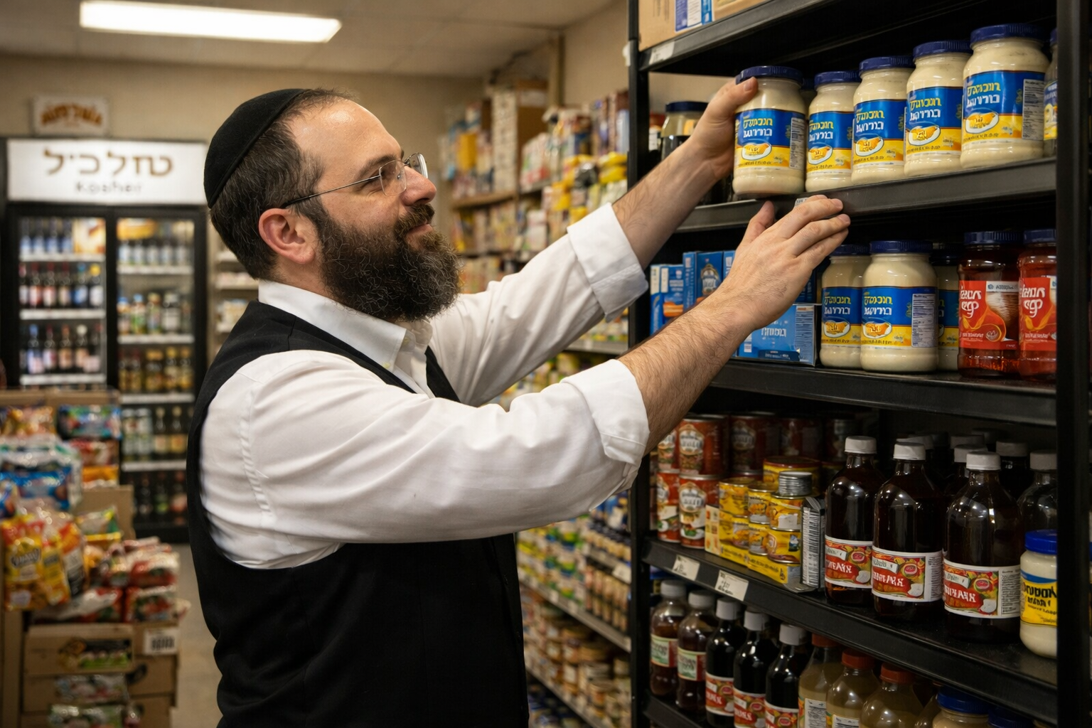 Orthodox Jewish man working at a part-time job in an organized office
