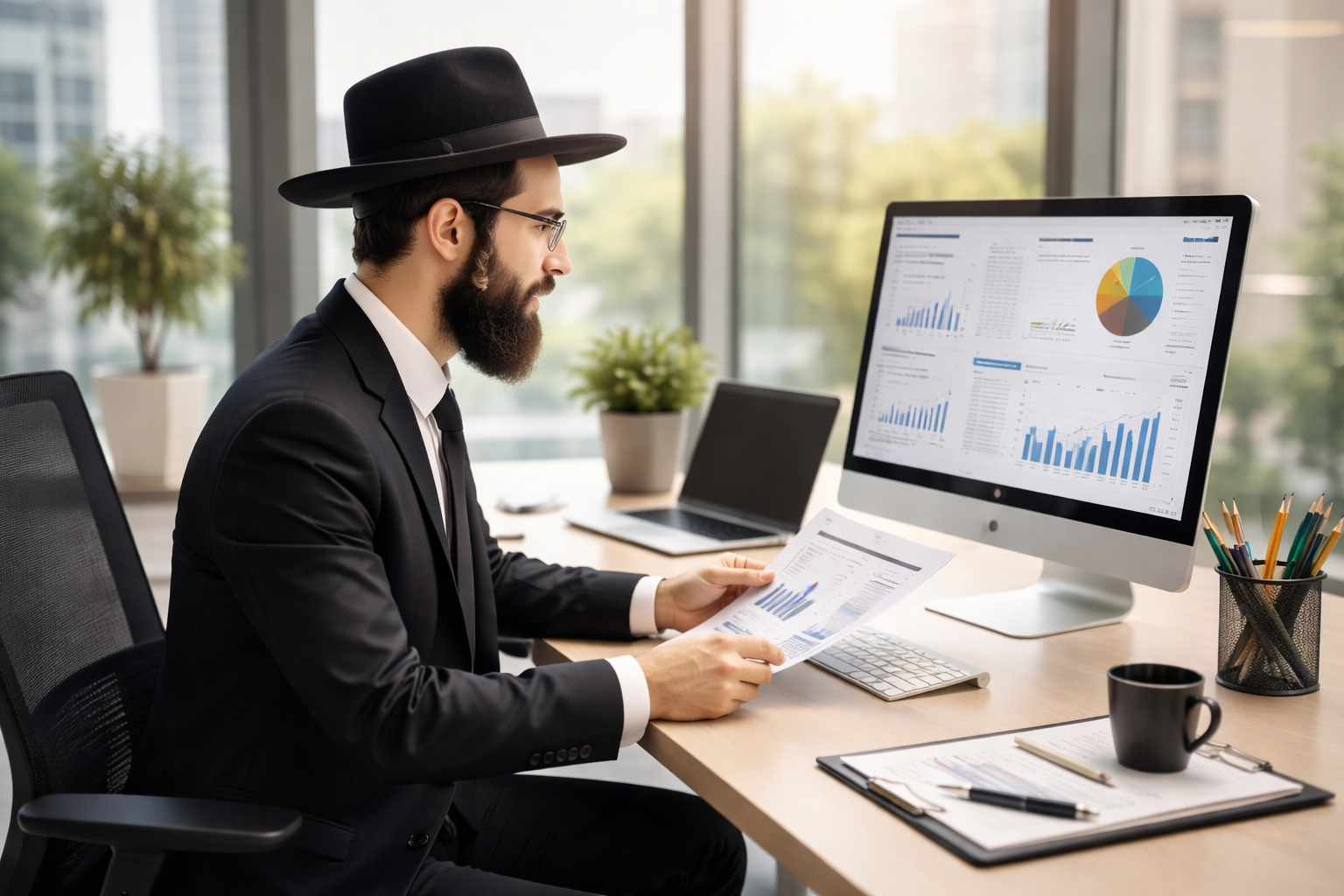Orthodox Jewish man at a full time job working in a professional office
